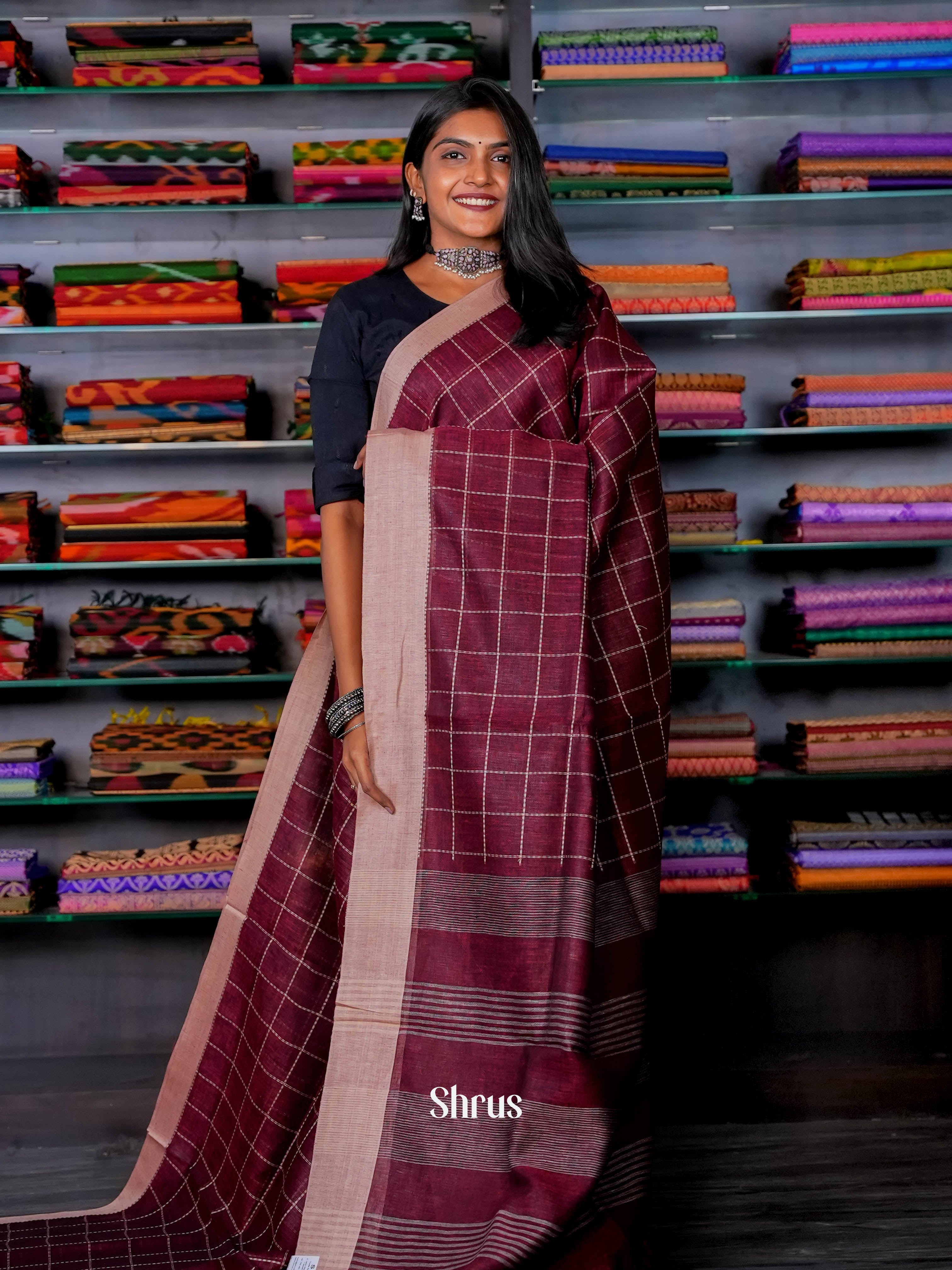 Maroon & Dusty Pink - Linen Saree