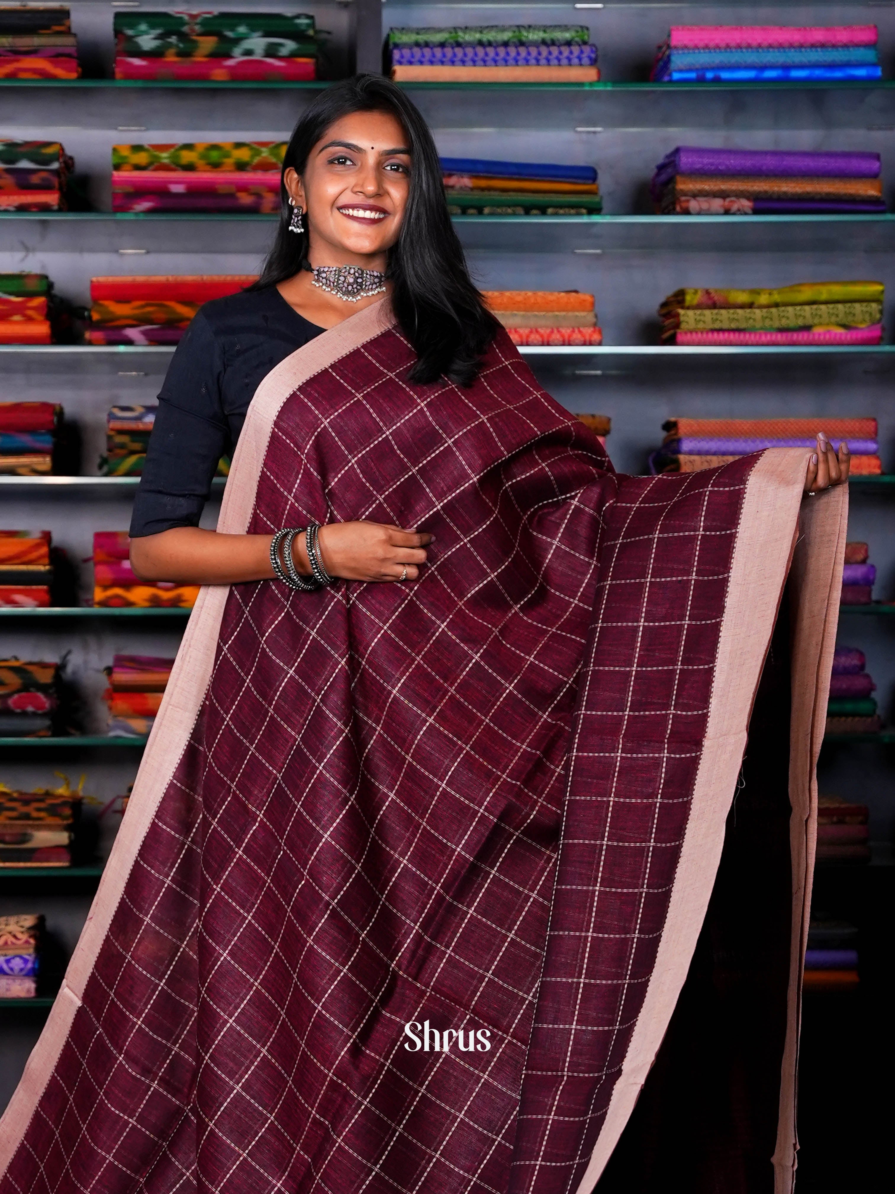 Maroon & Dusty Pink - Linen Saree