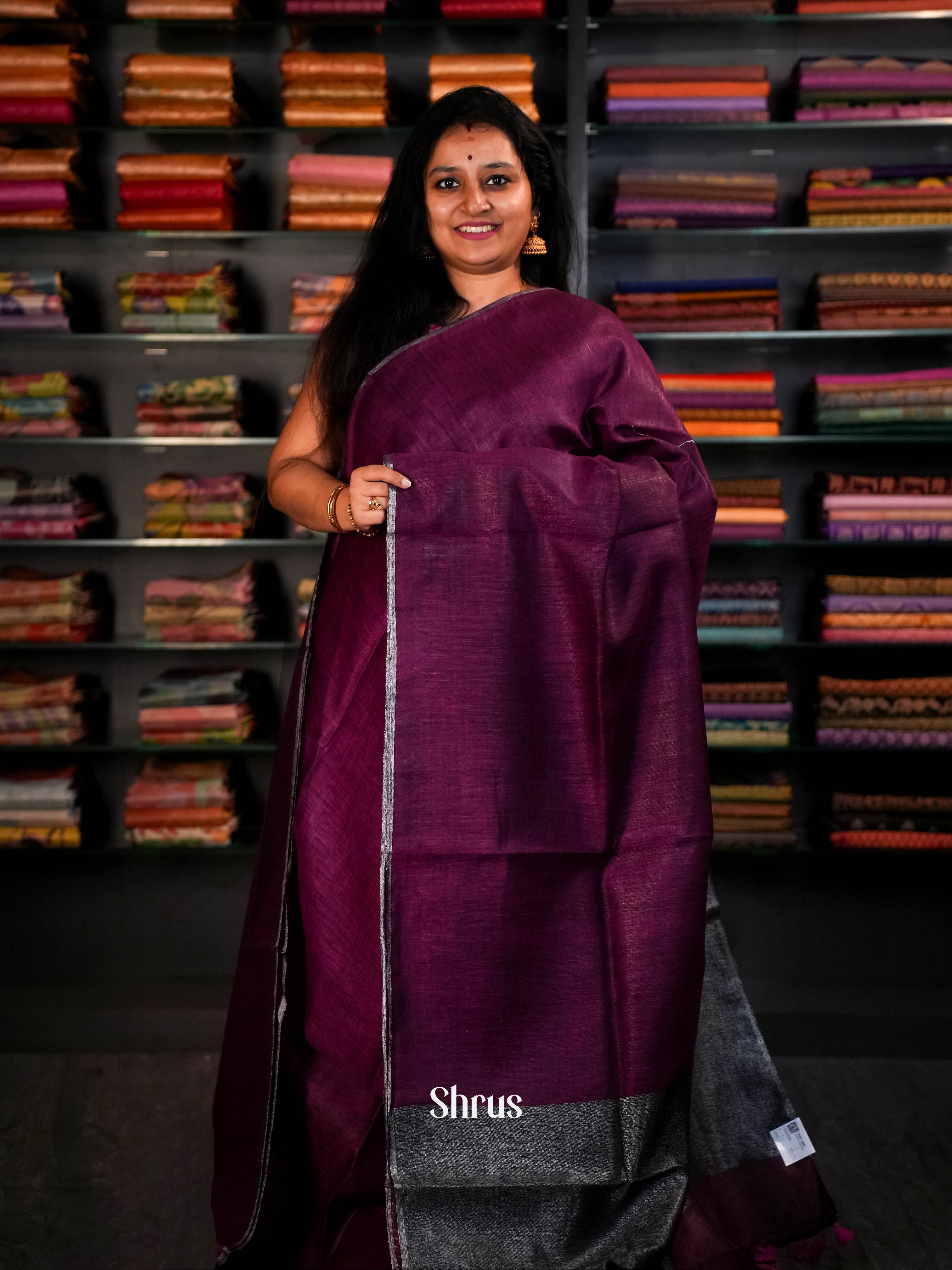 Pinkish Maroon & Black  - Linen Saree Saree