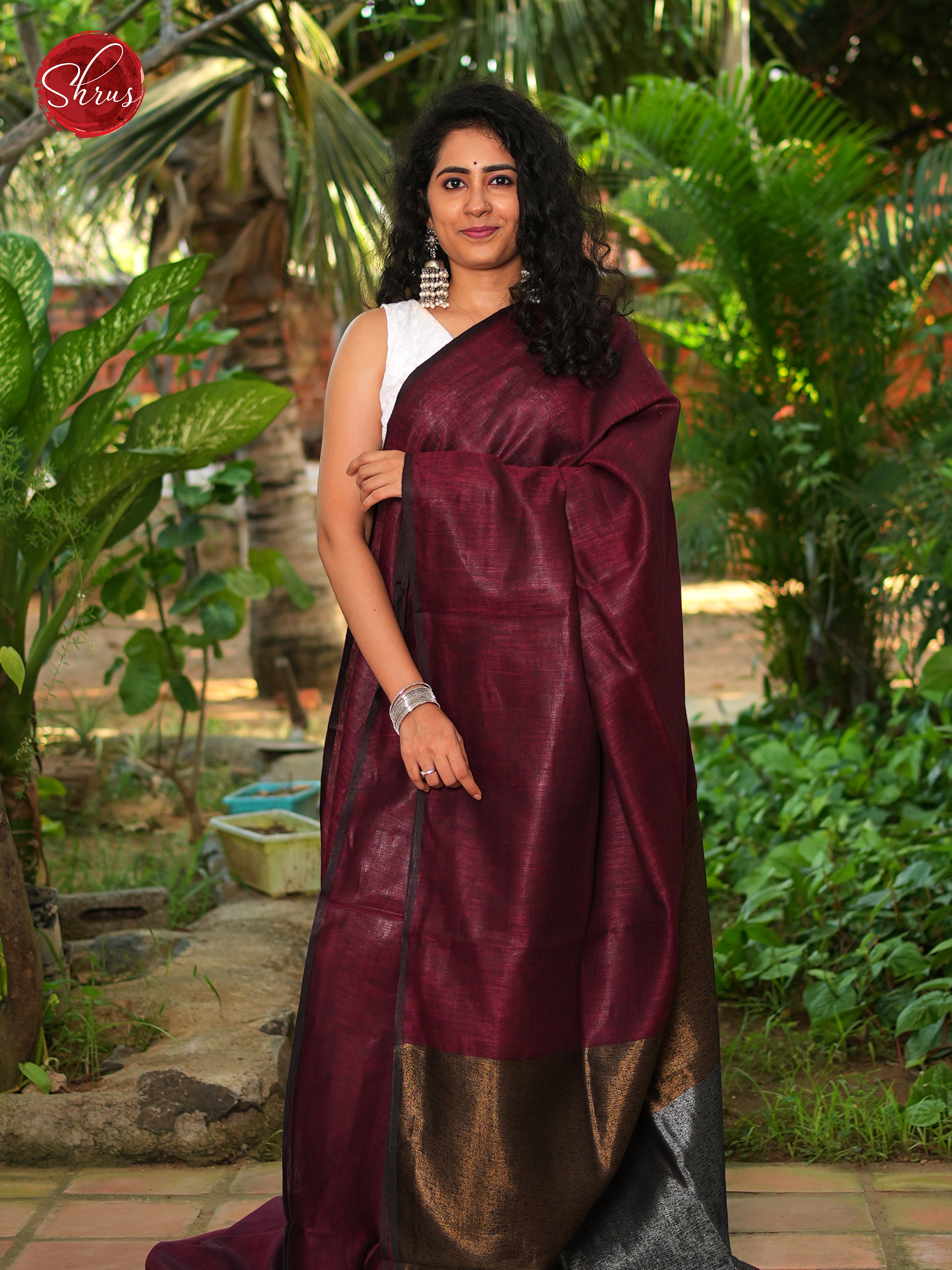 Maroon - Linen Saree - Shop on ShrusEternity.com