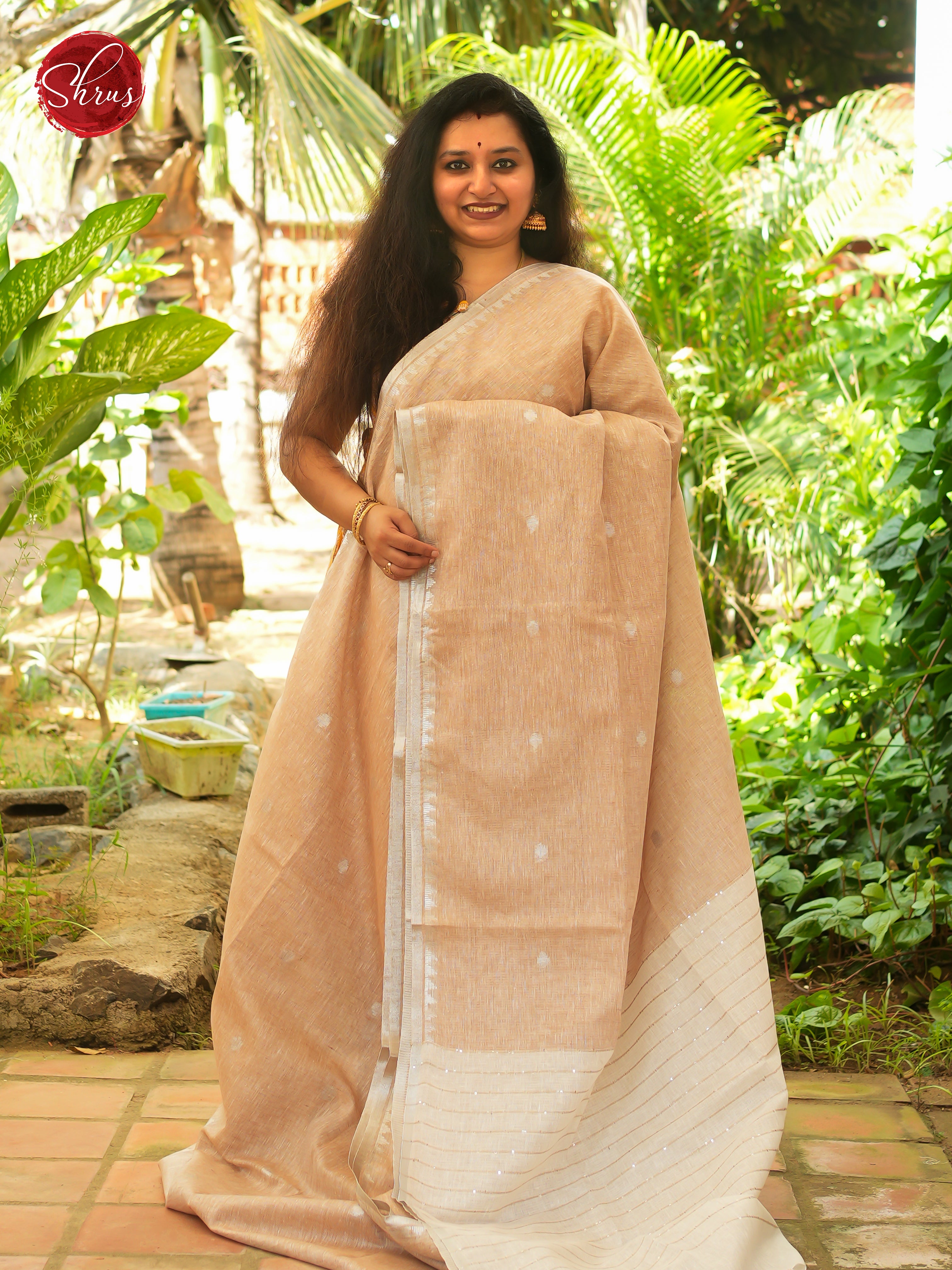 Sandal & Cream - Linen Saree - Shop on ShrusEternity.com