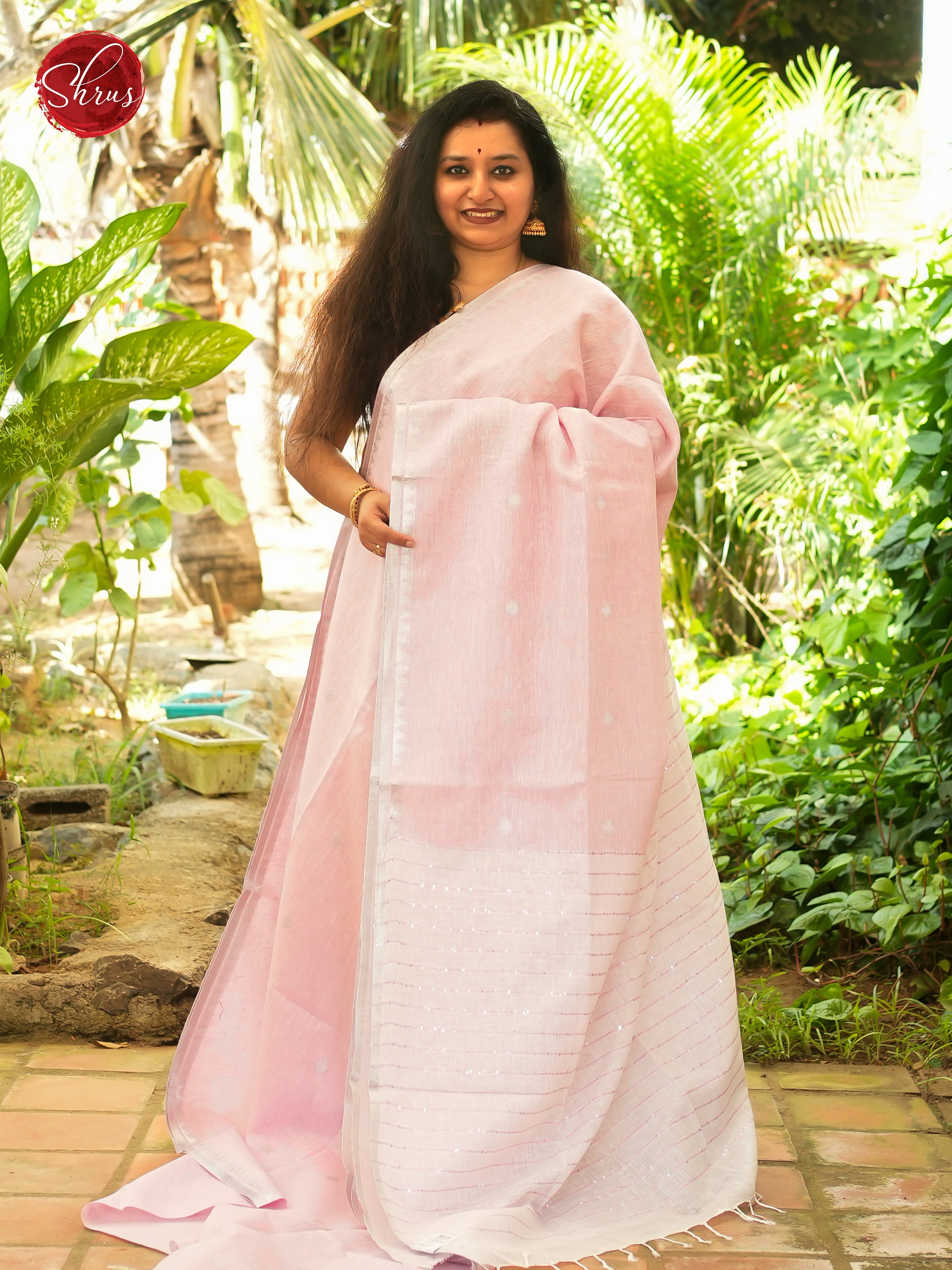 Pale Pink & Cream  - Linen Saree - Shop on ShrusEternity.com