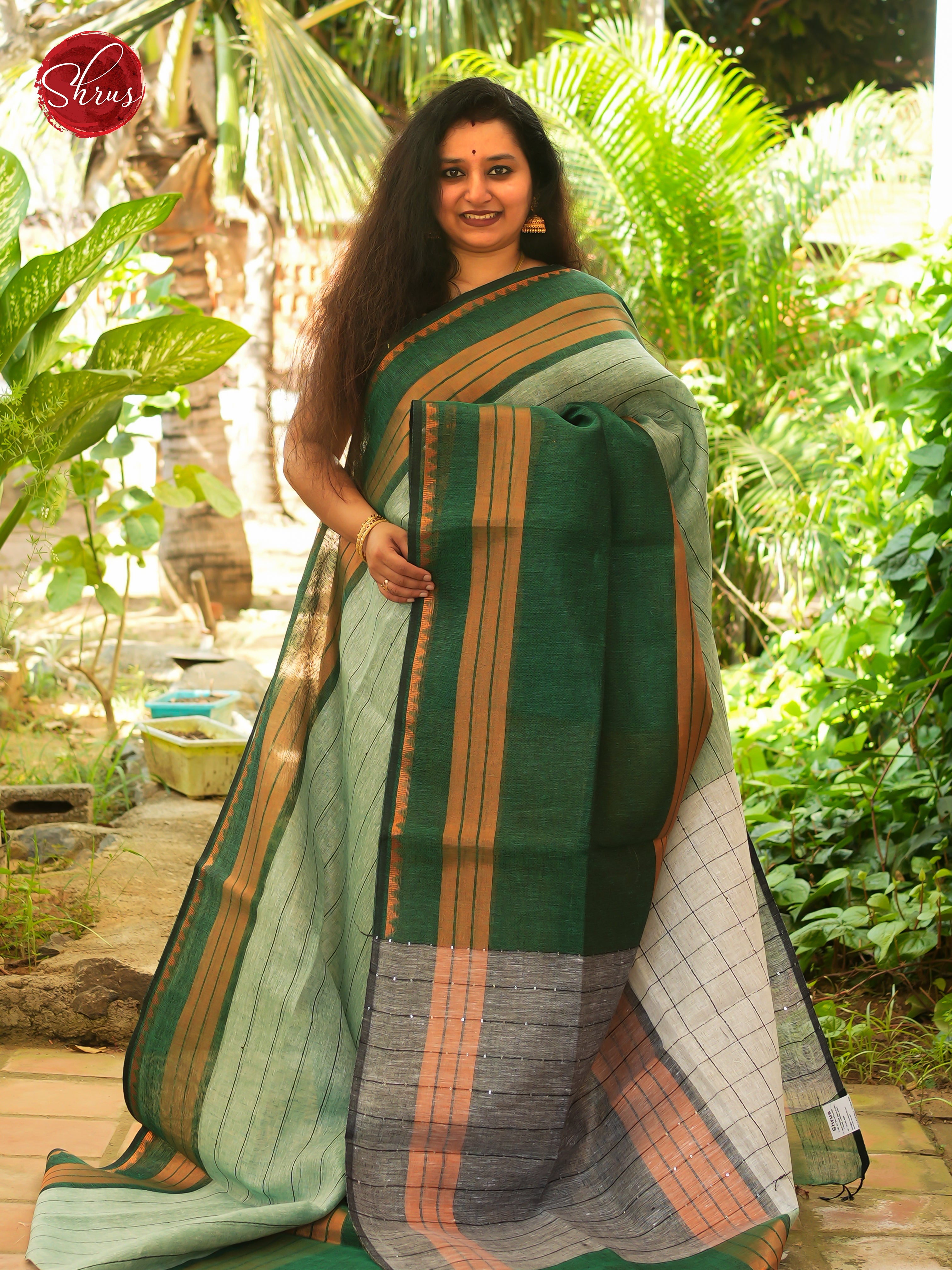 Pista Green & Green  - Linen Saree - Shop on ShrusEternity.com