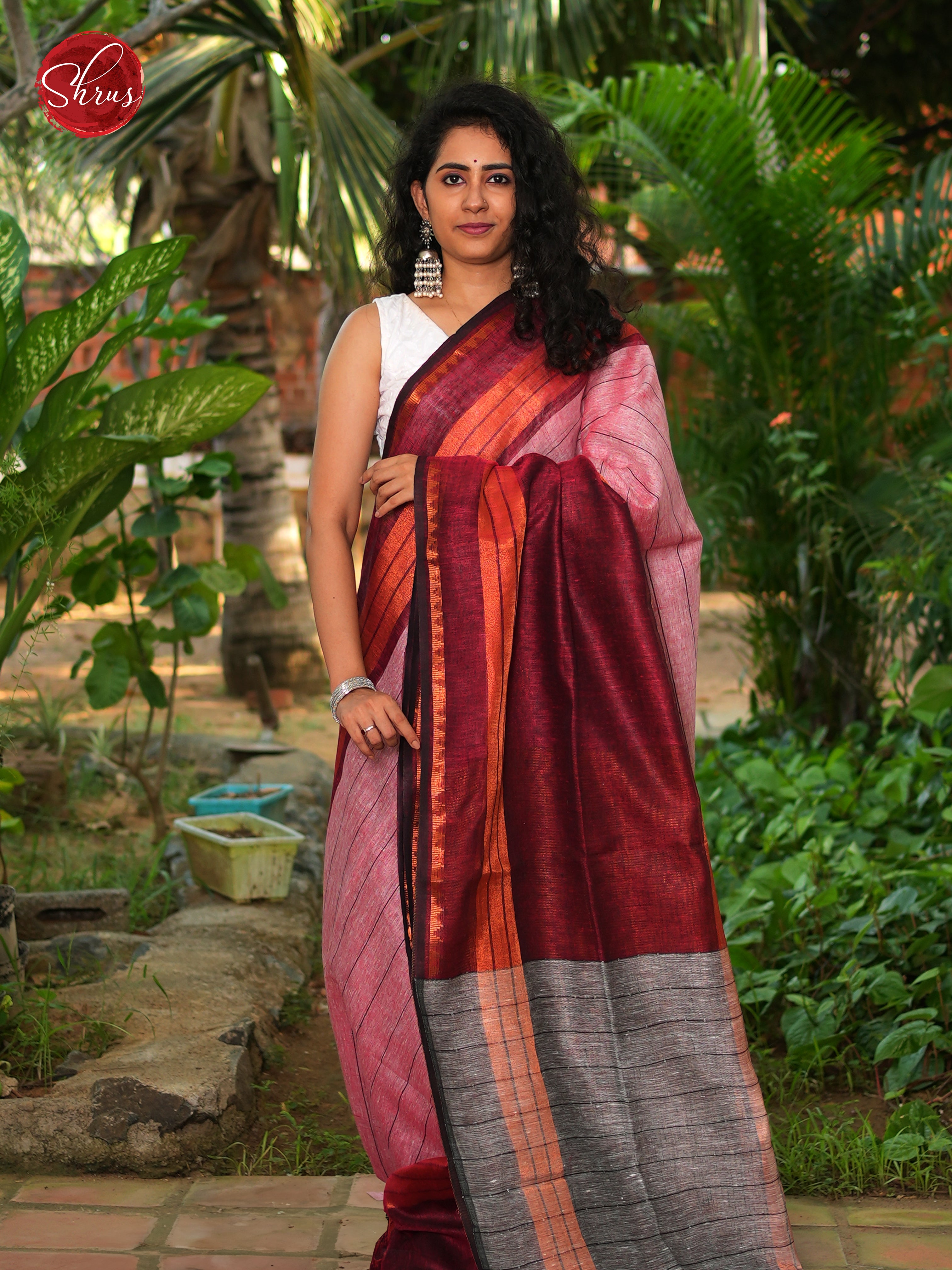 Pink & Maroon - Linen Saree - Shop on ShrusEternity.com