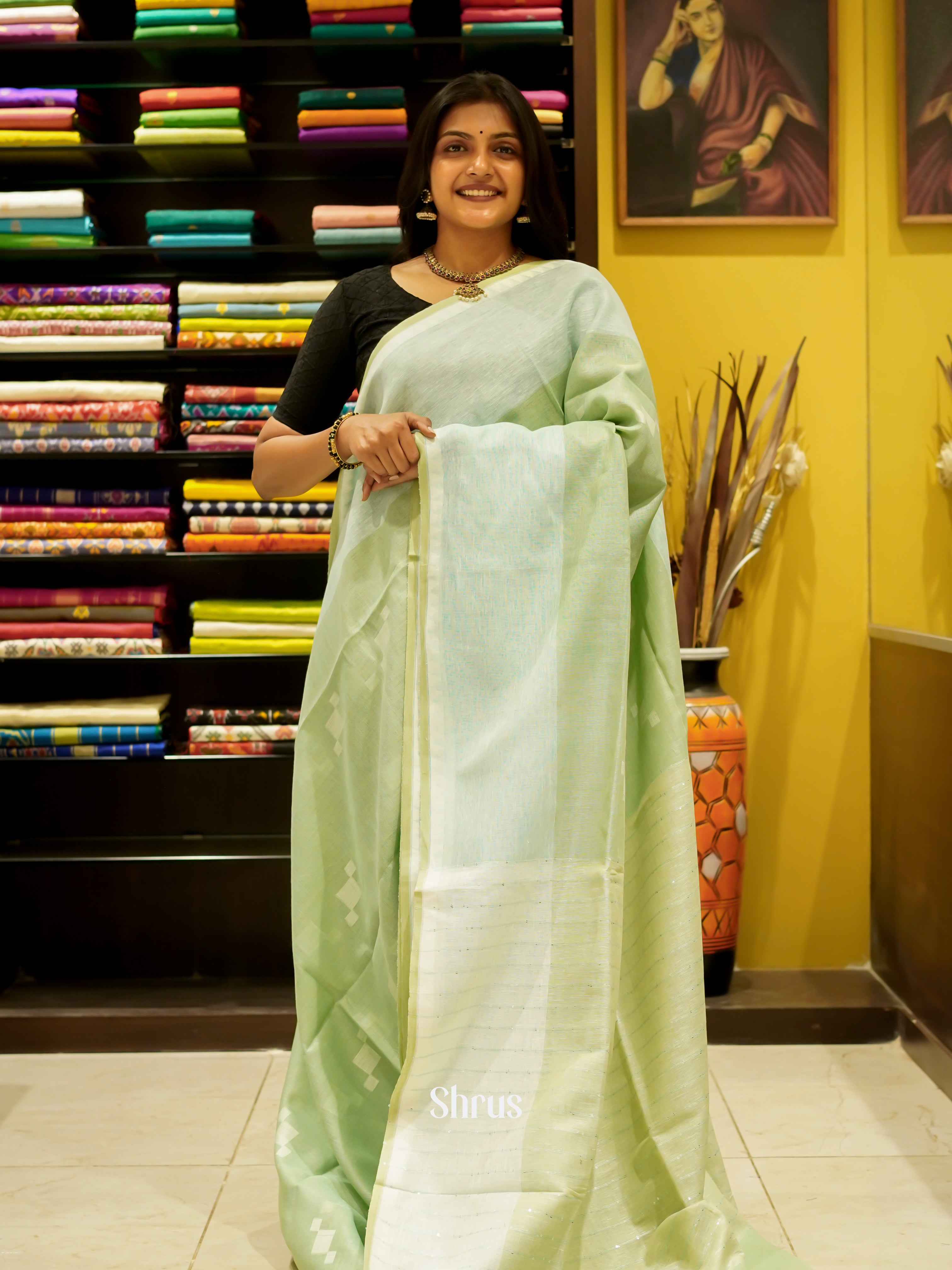 Green & Blue  - Linen Saree - Shop on ShrusEternity.com