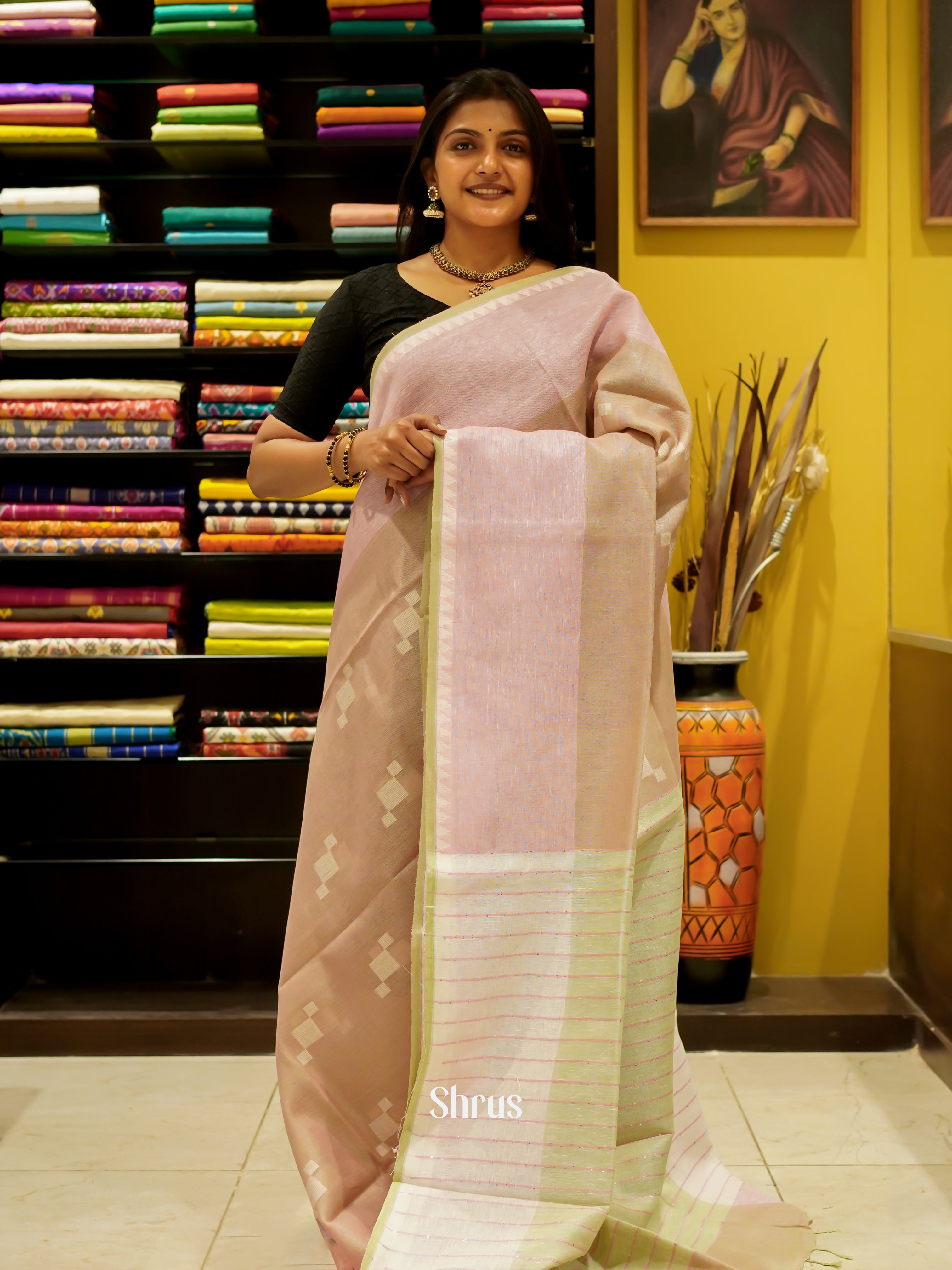 Onion Pink & Green - Linen Saree - Shop on ShrusEternity.com