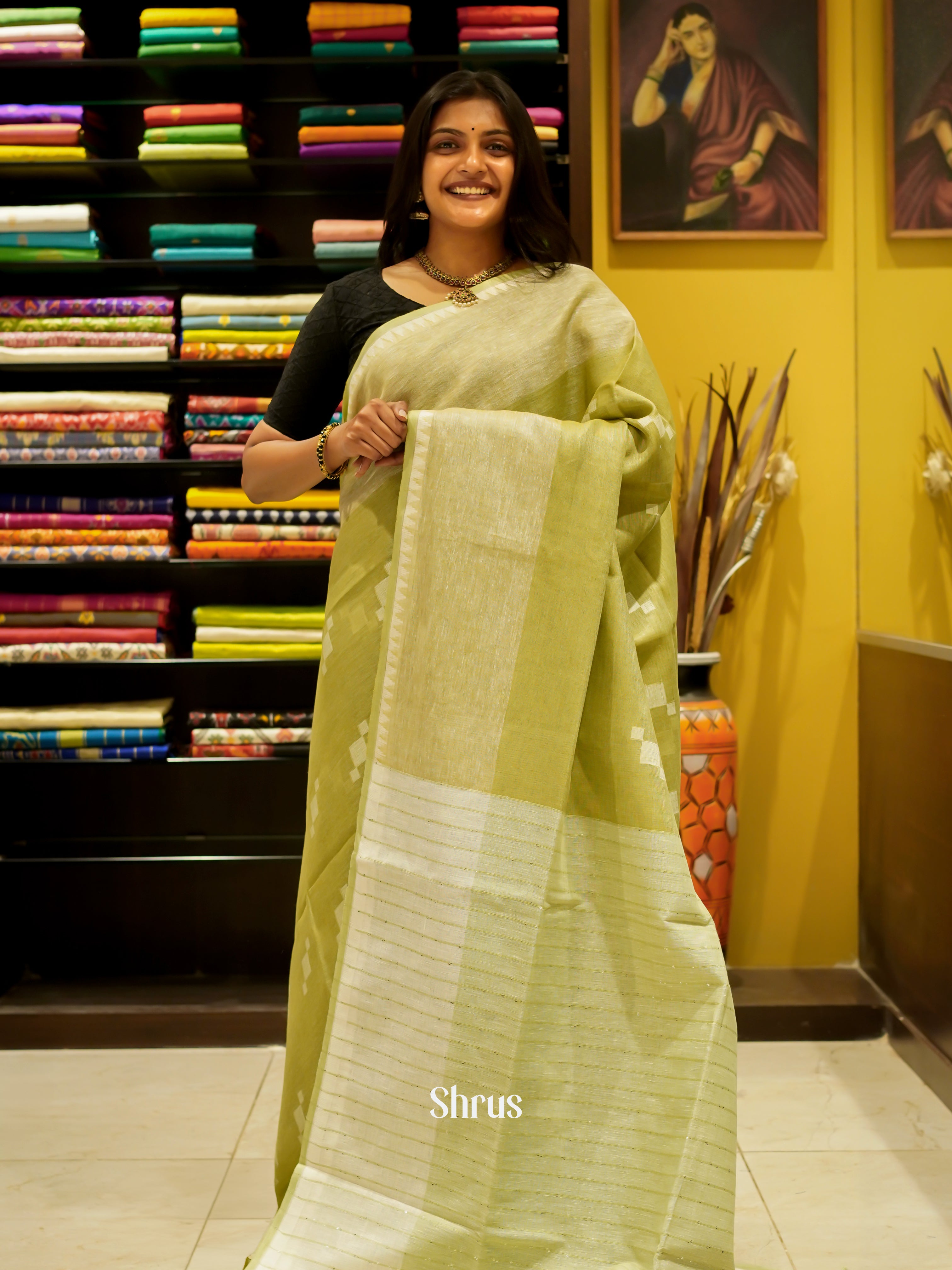 Green (Single Tone) - Linen Saree - Shop on ShrusEternity.com