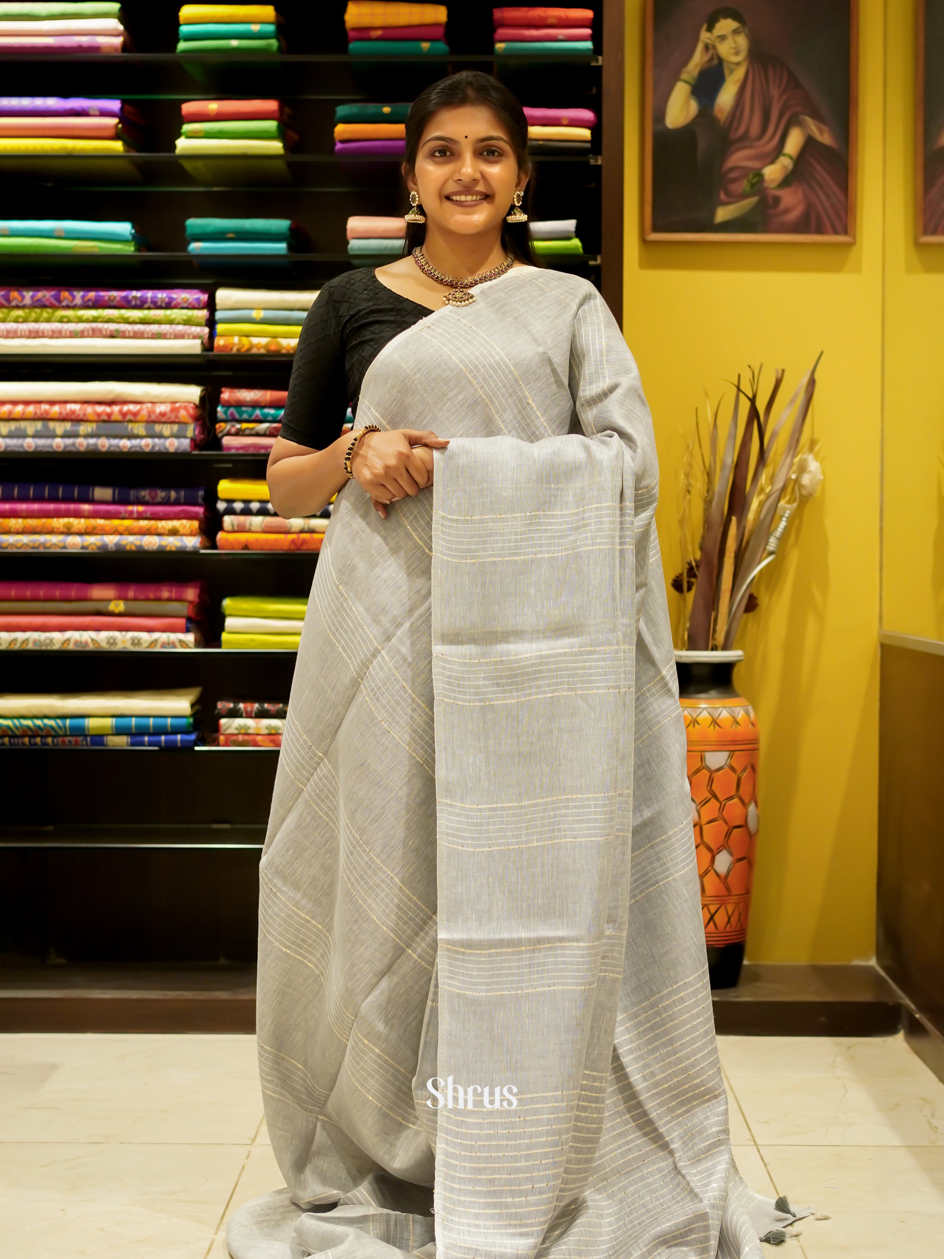 Grey - Linen Saree - Shop on ShrusEternity.com