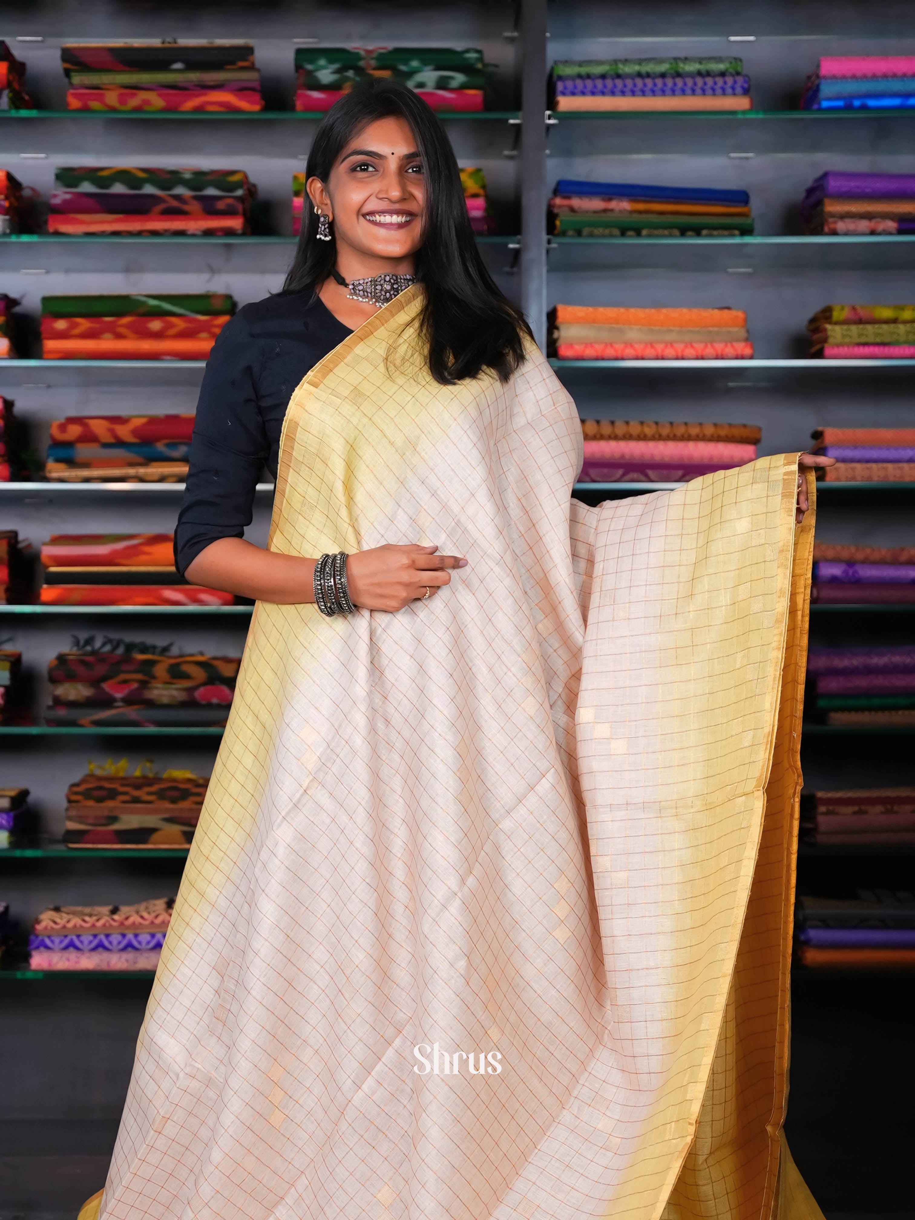 cream & Yellow - Linen Saree