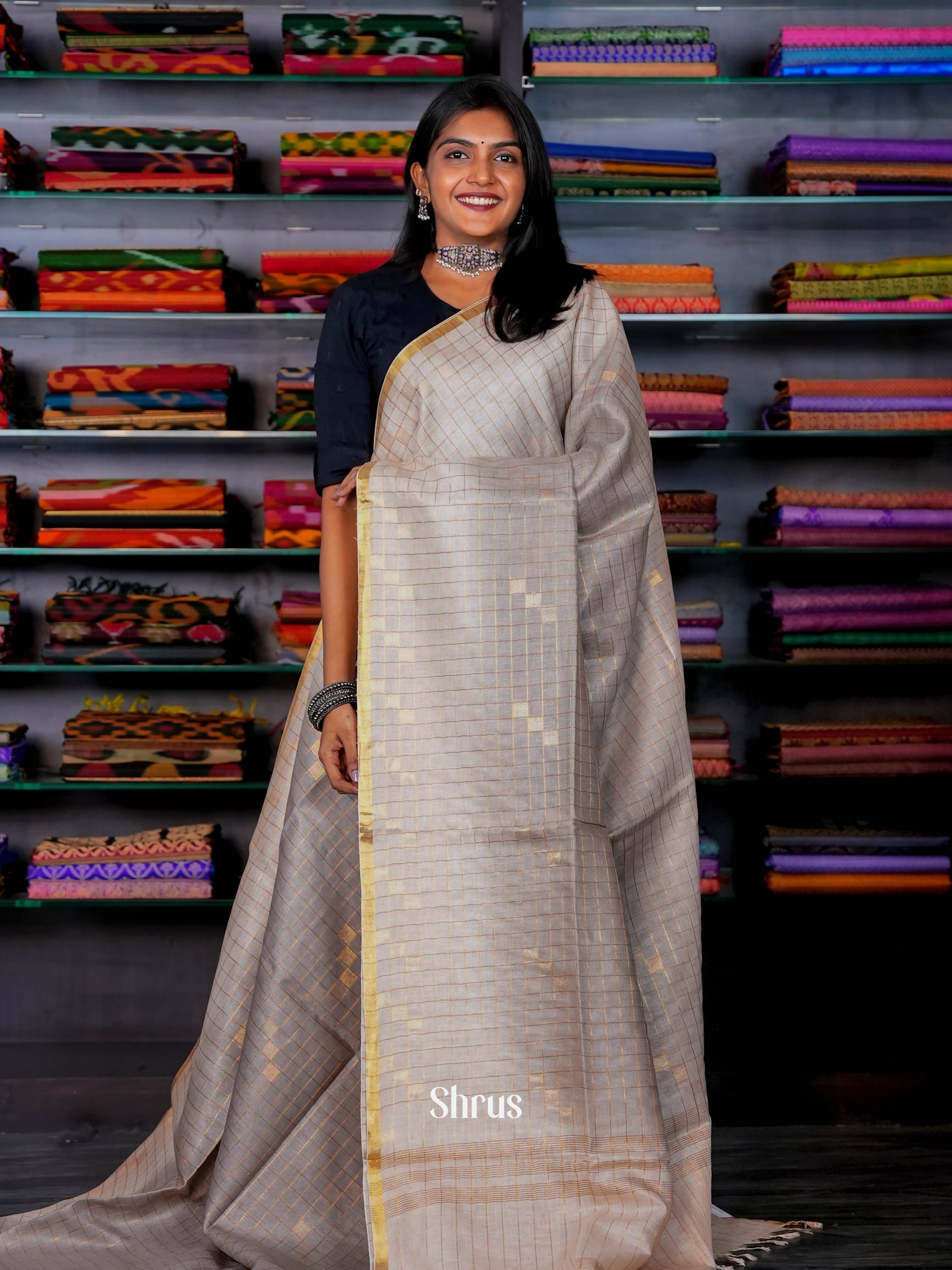 Grey & Cream - Linen Saree