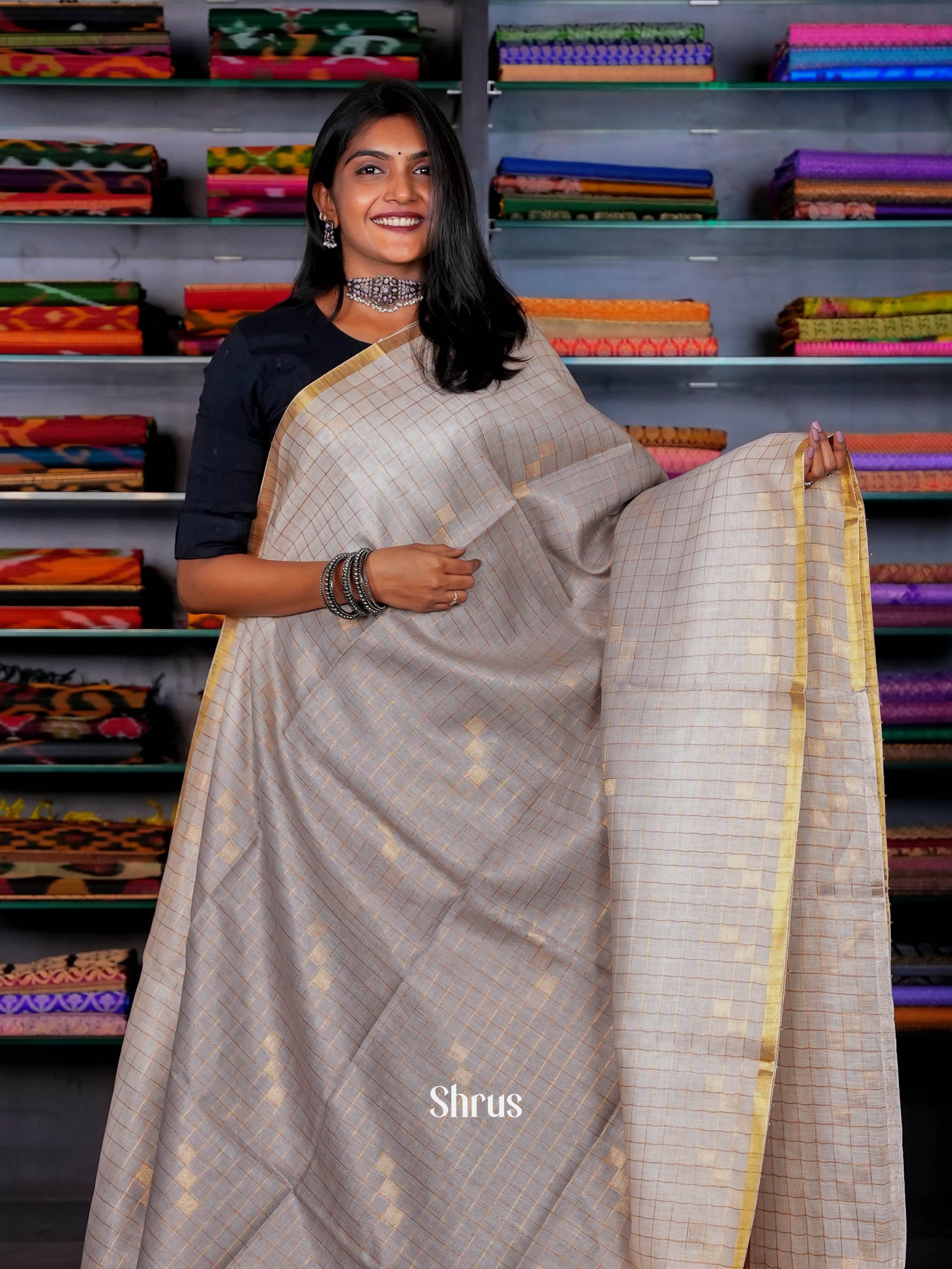 Grey & Cream - Linen Saree