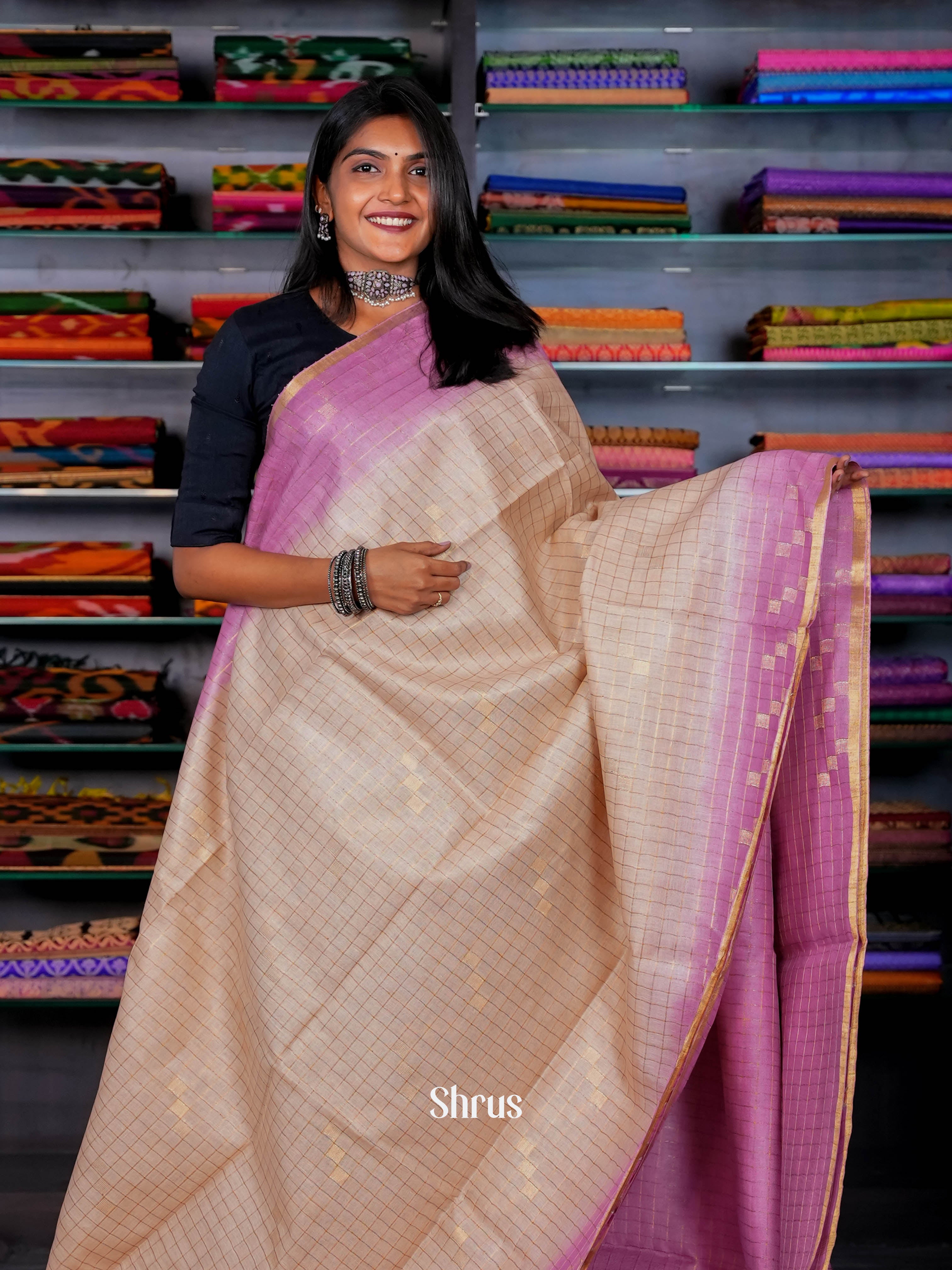 Cream  & Pink  - Linen Saree