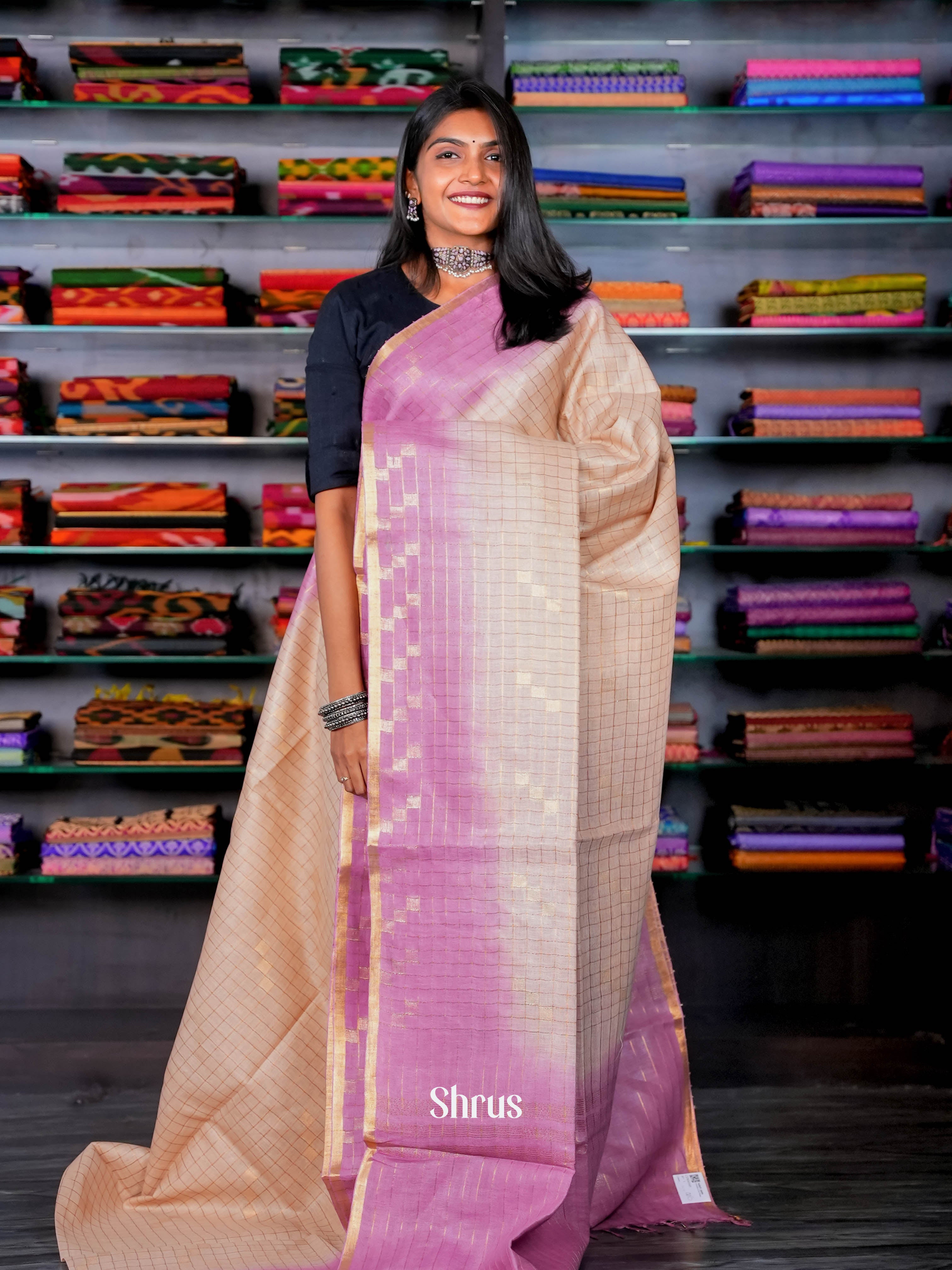 Cream  & Pink  - Linen Saree