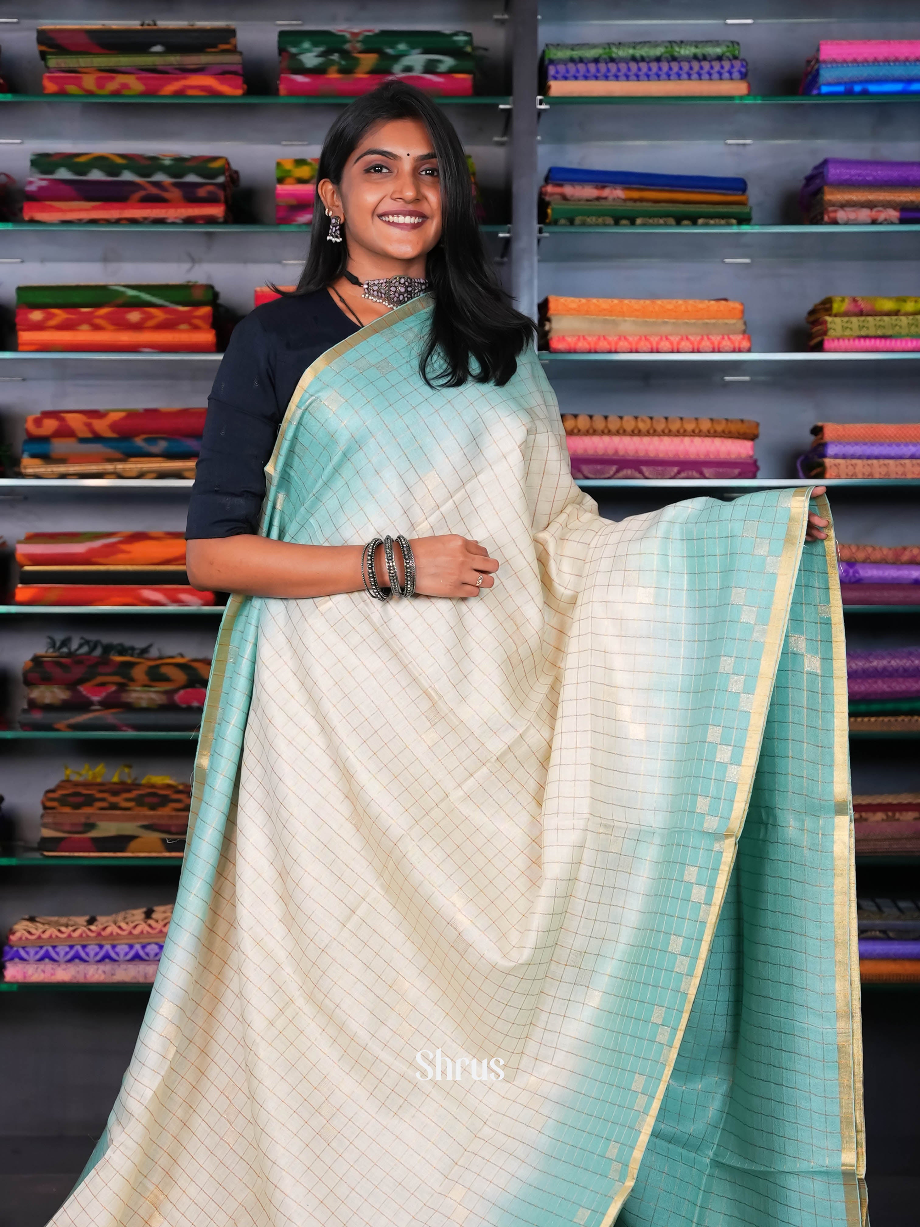 Cream & Teal - Linen Saree