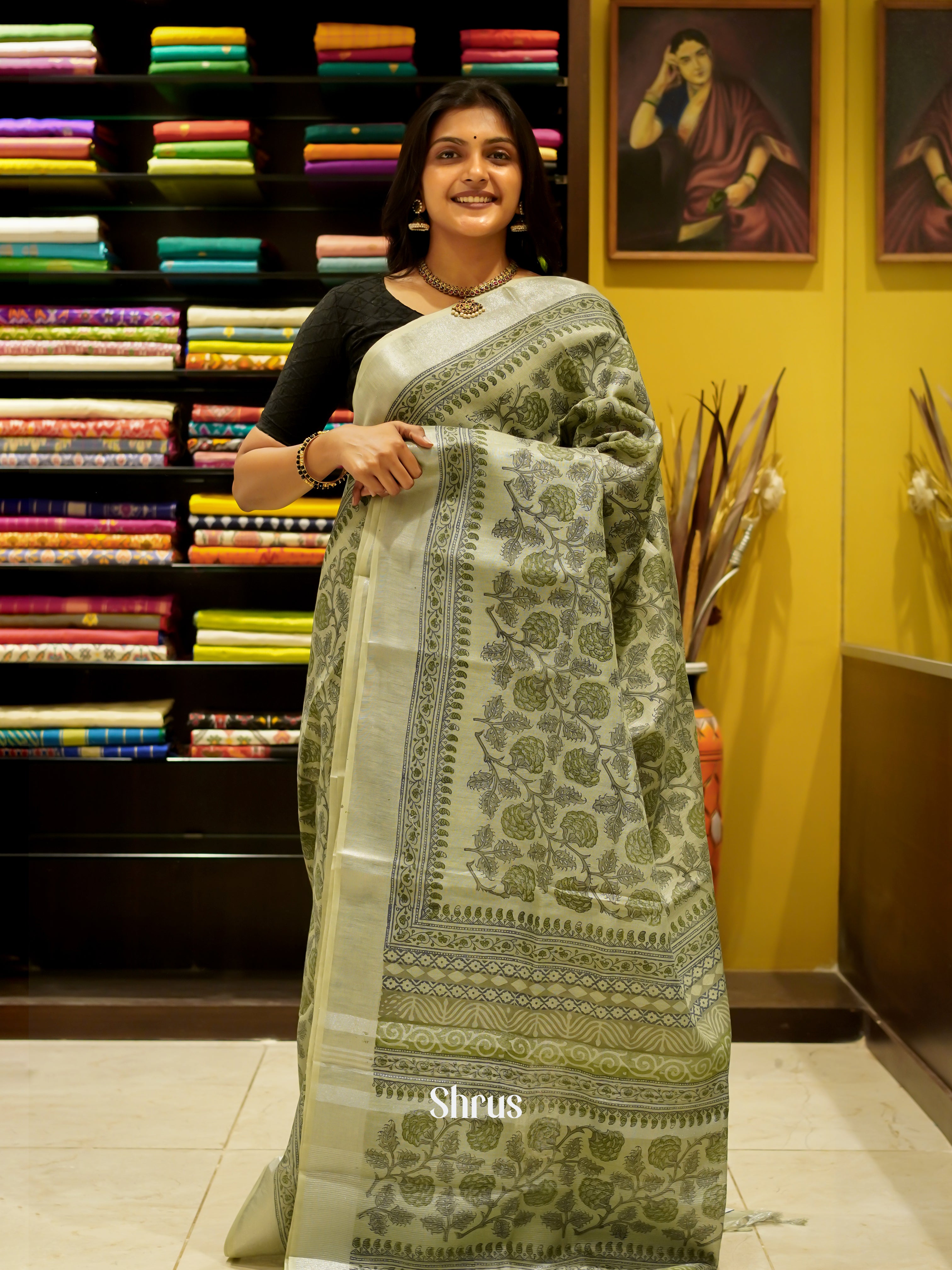 Green  - Linen Saree - Shop on ShrusEternity.com