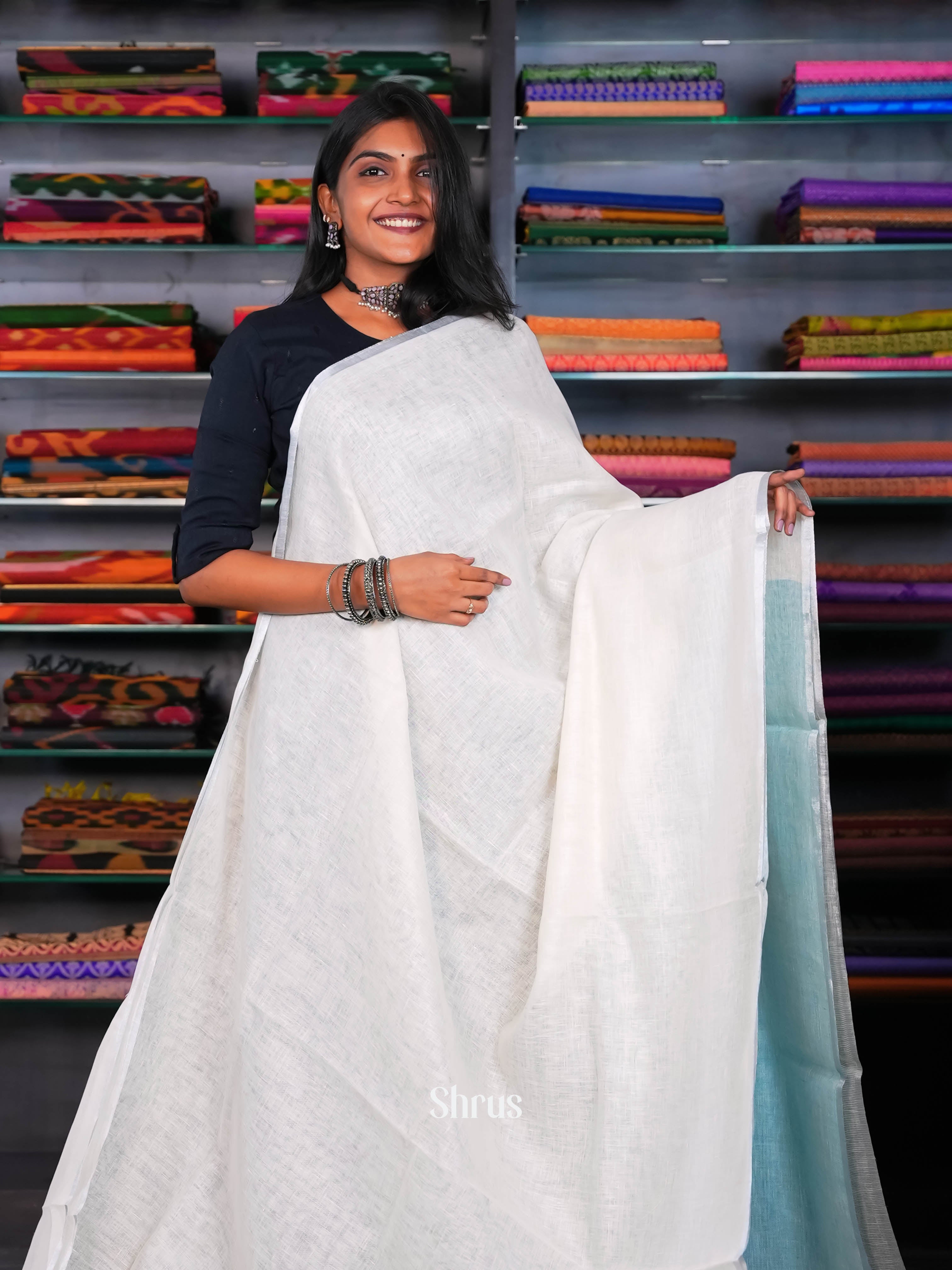 Cream &  Blue - Linen Saree