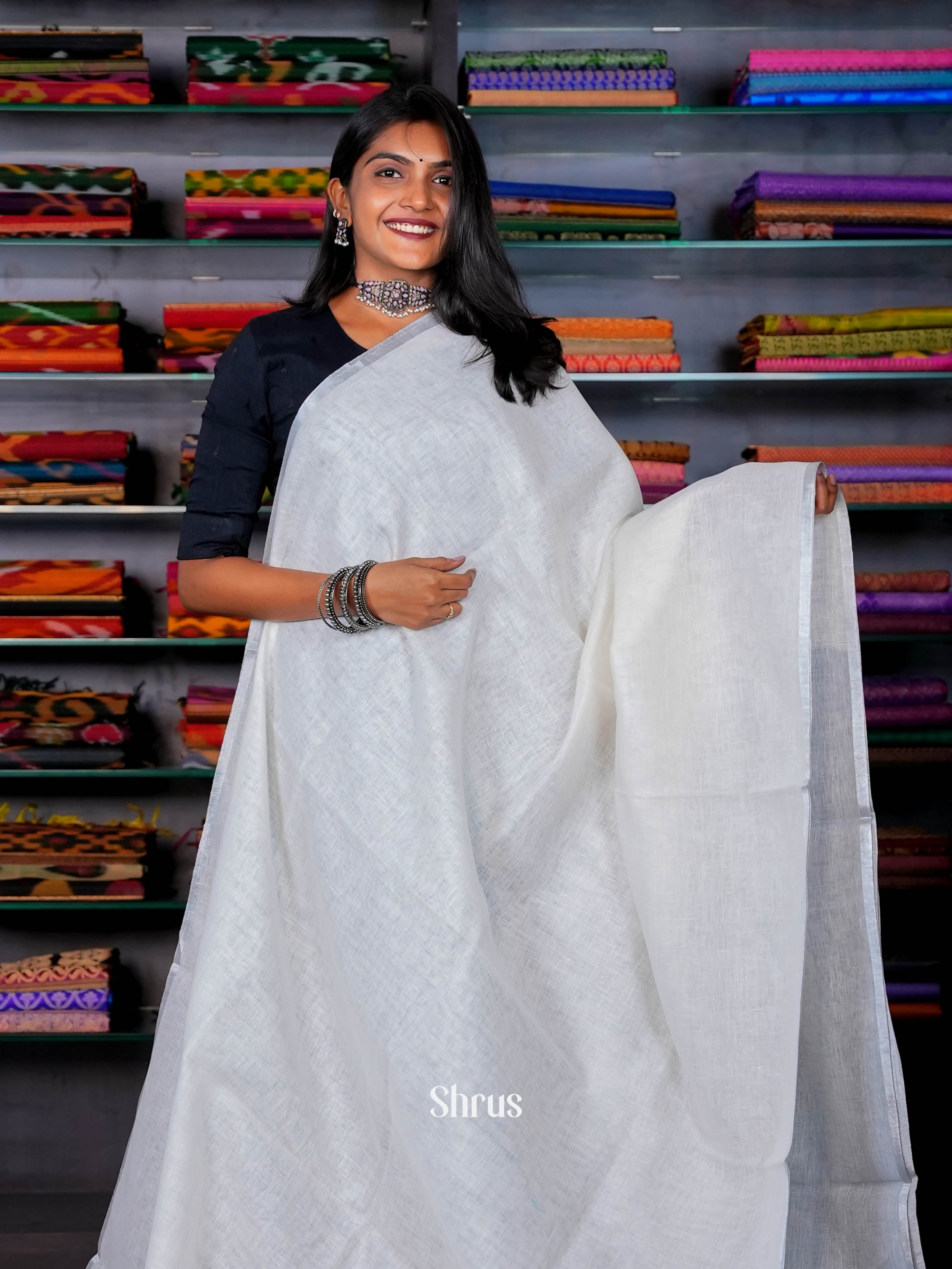 Cream  & grey - Linen Saree