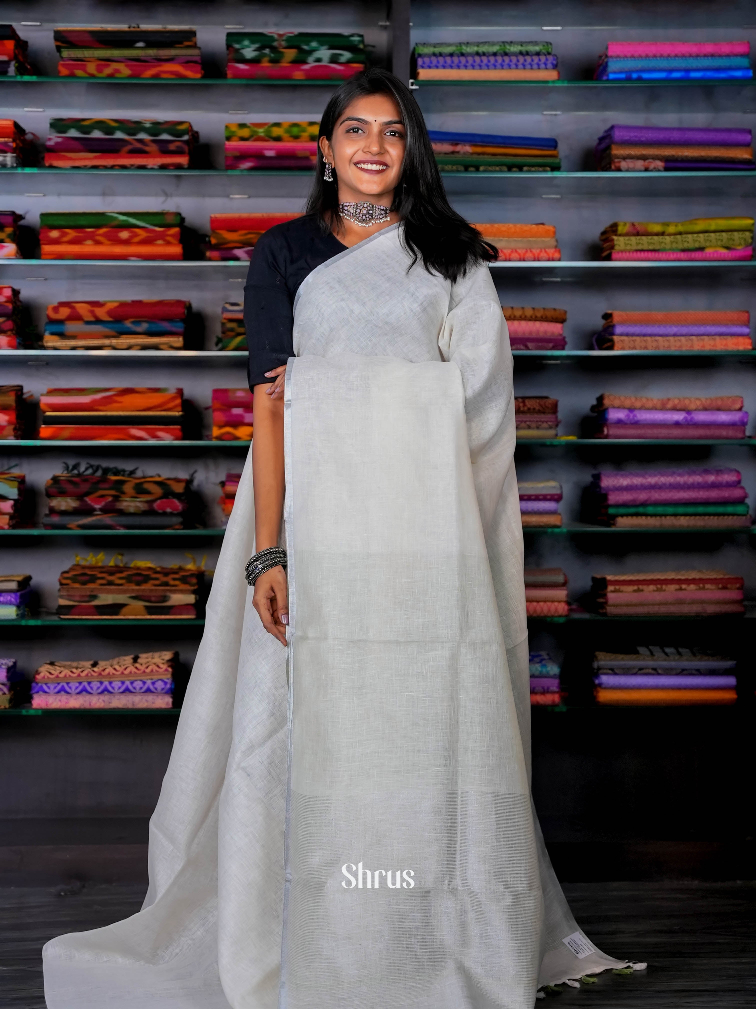 Cream - Linen Saree