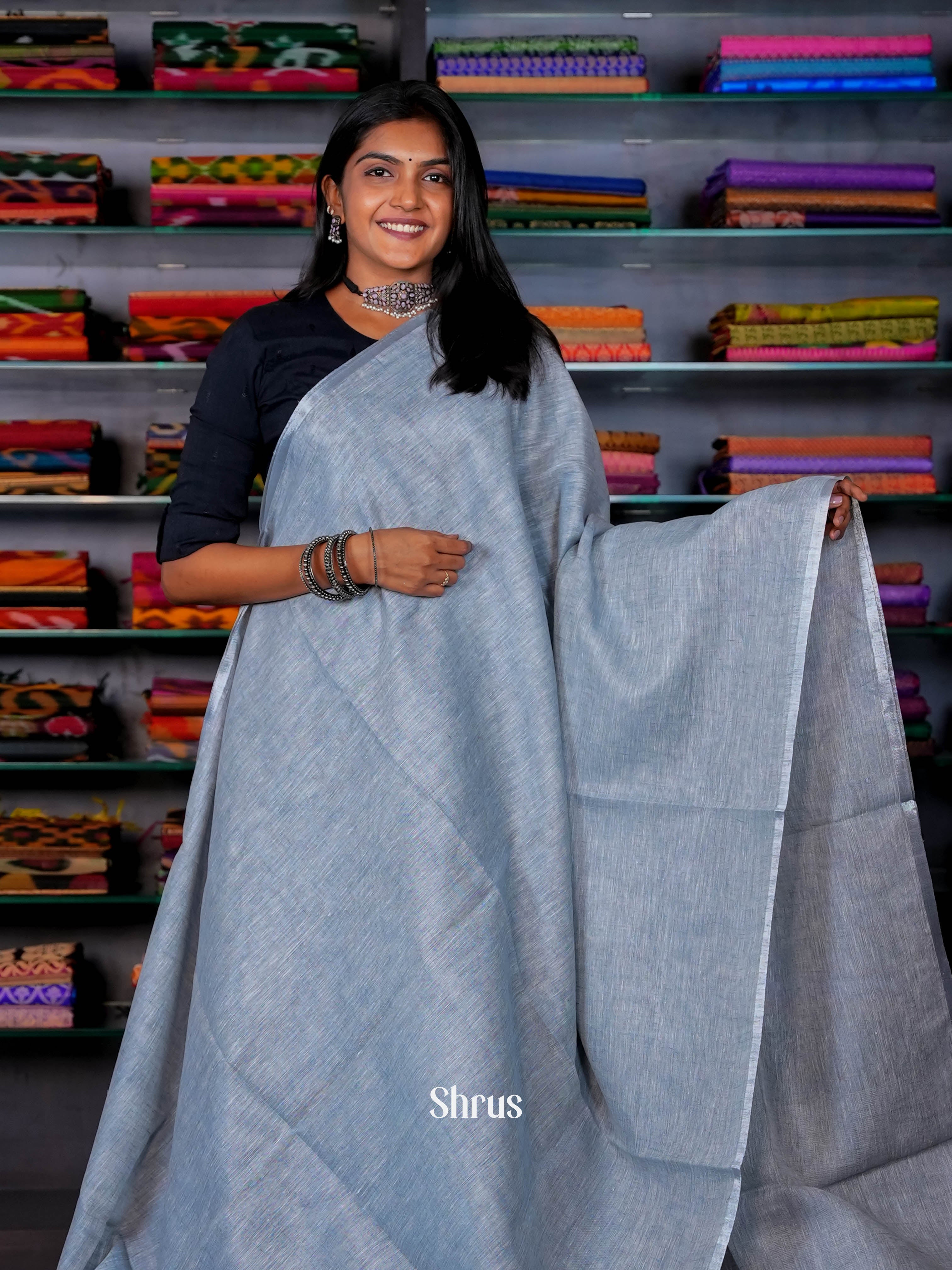 Lite Blue & Grey - Linen Saree