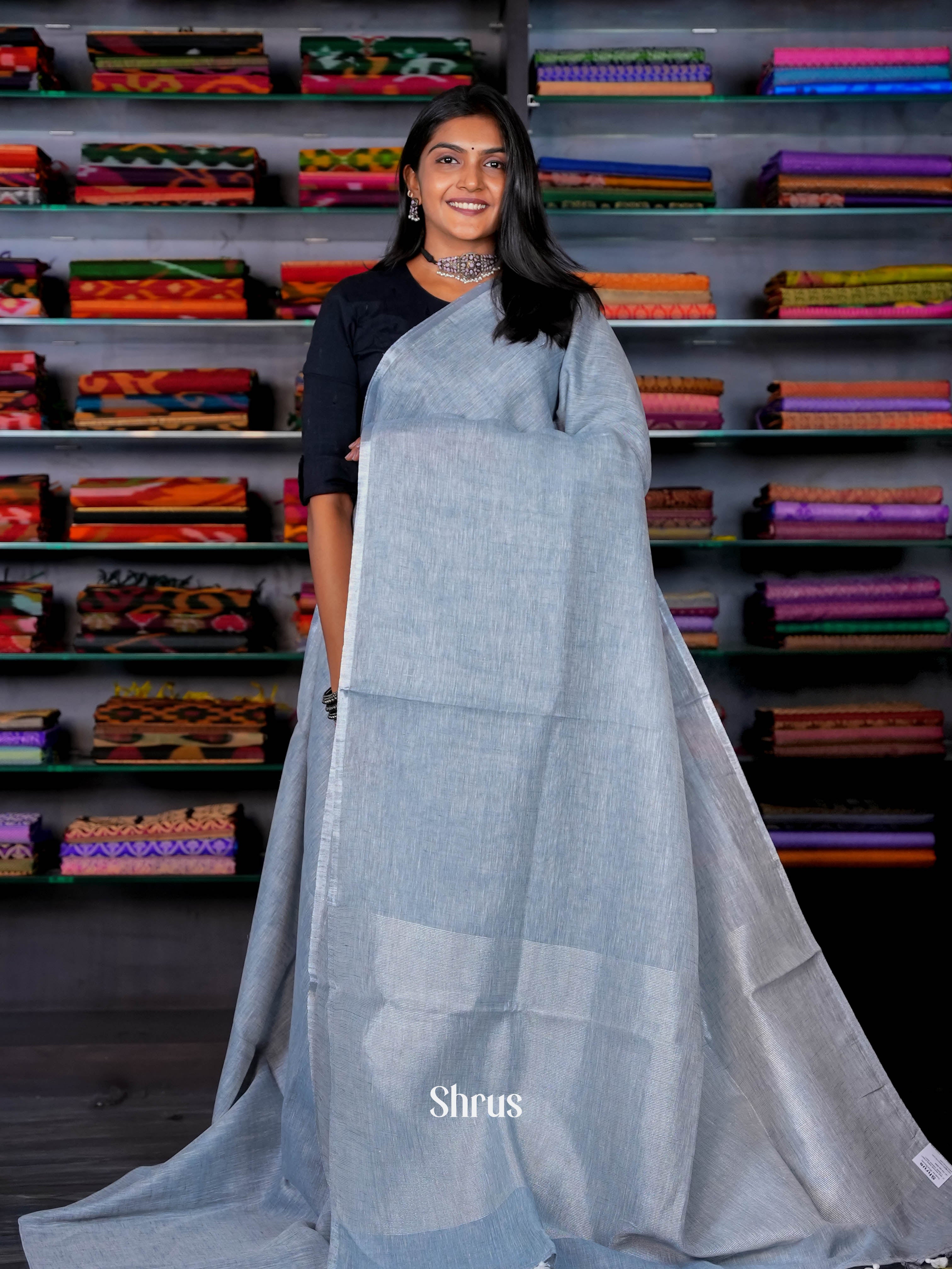 Lite Blue & Grey - Linen Saree