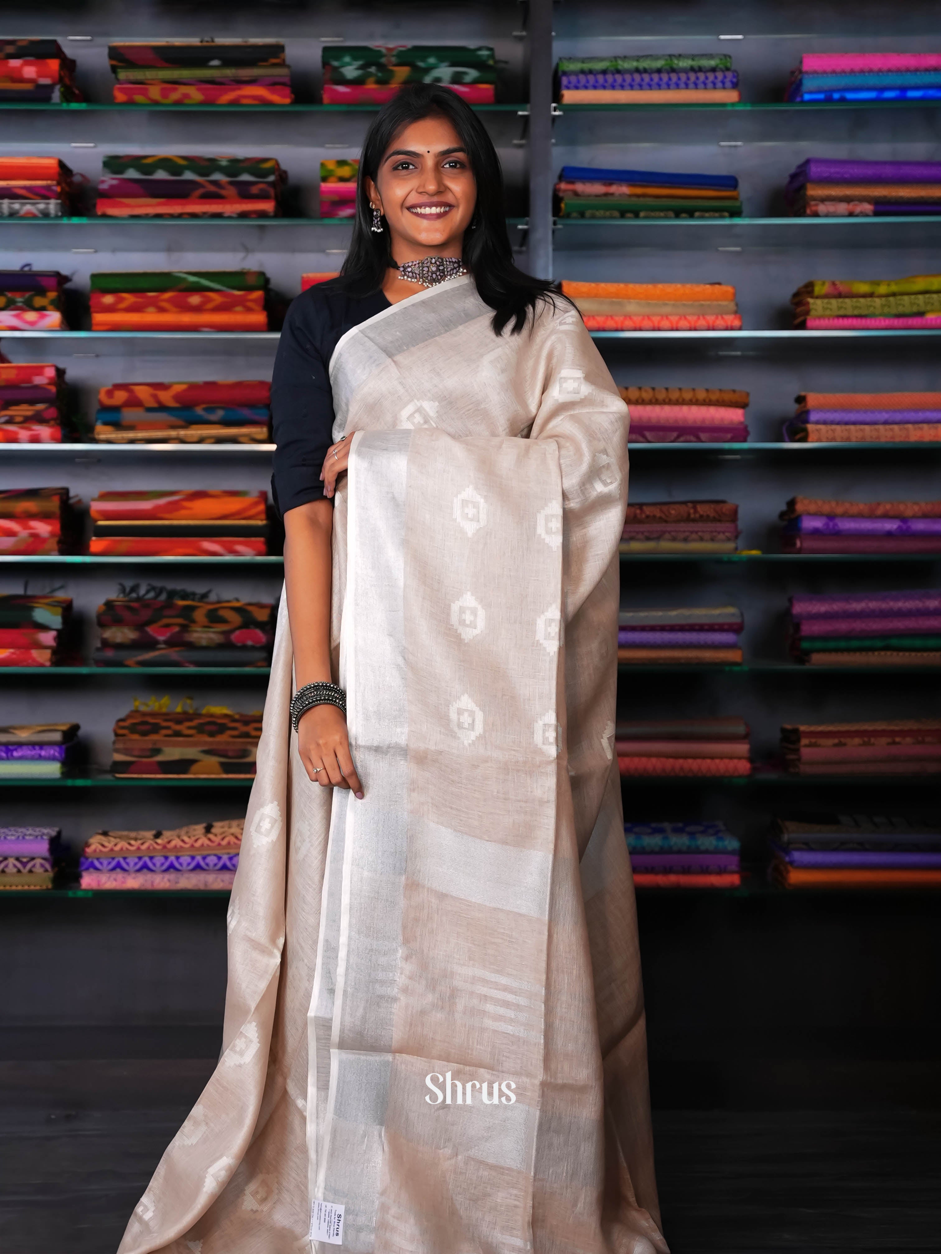 Grey & Cream - Linen Saree