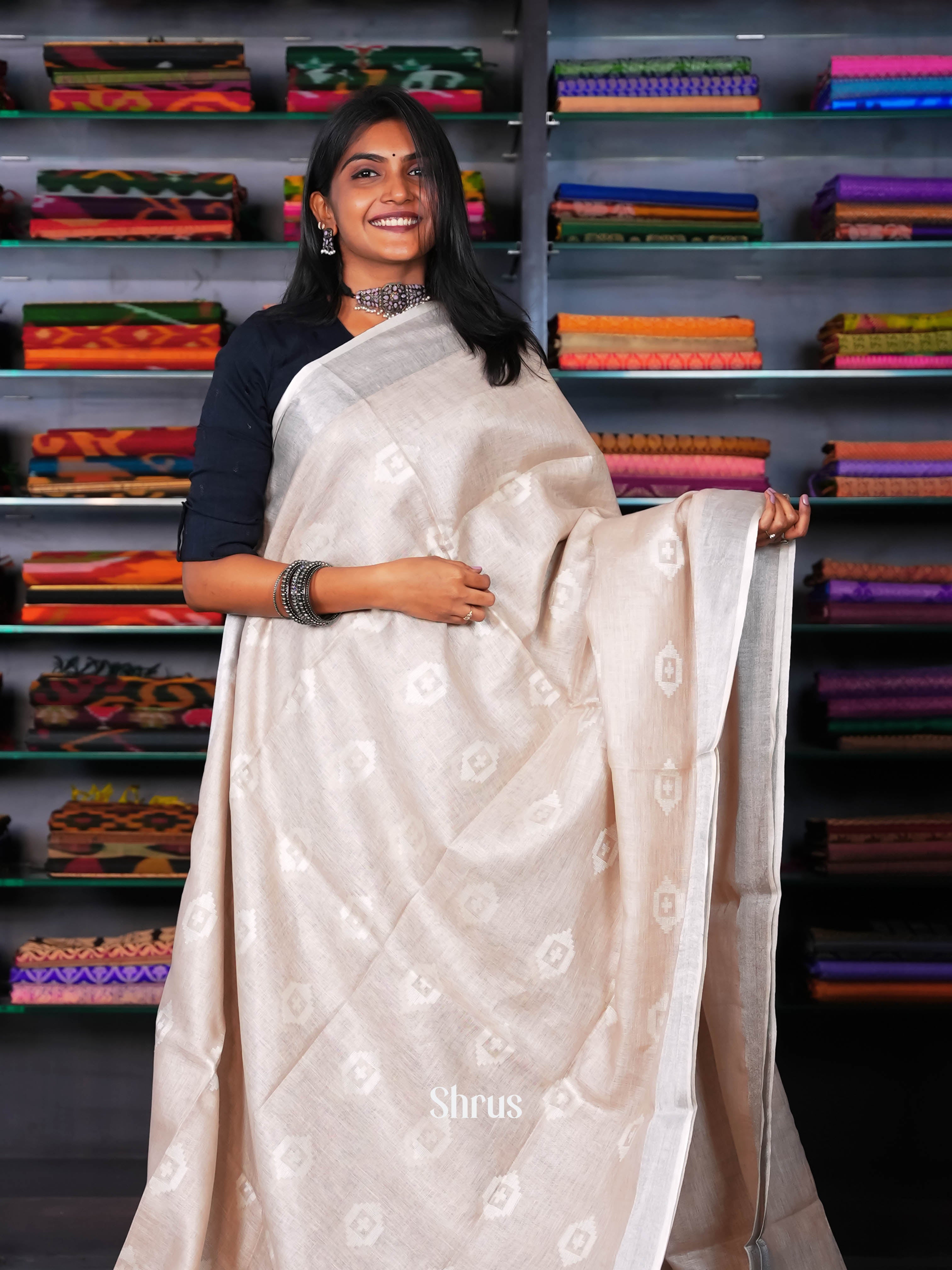 Grey & Cream - Linen Saree