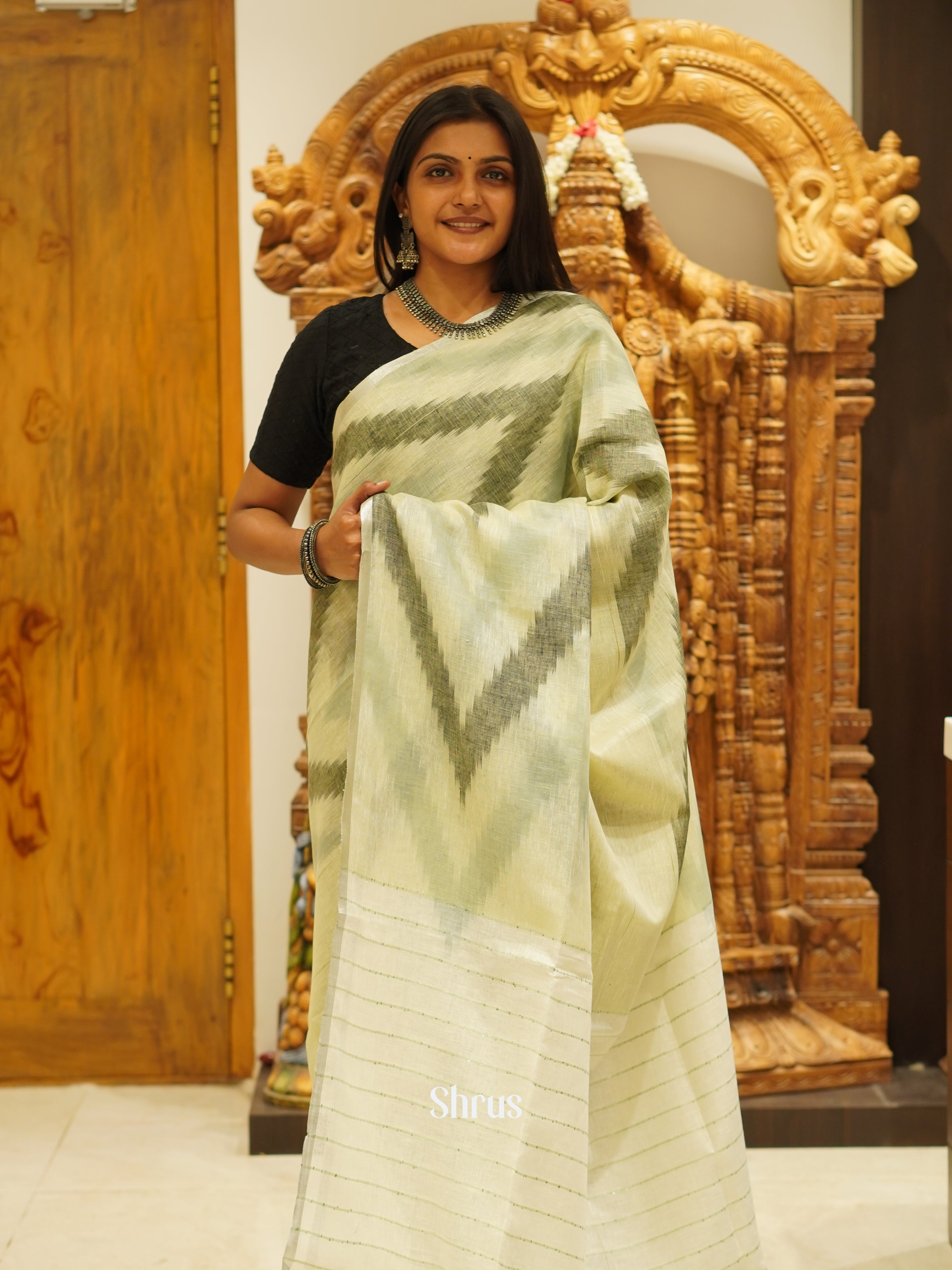 Green & Cream - Art Modal Saree - Shop on ShrusEternity.com