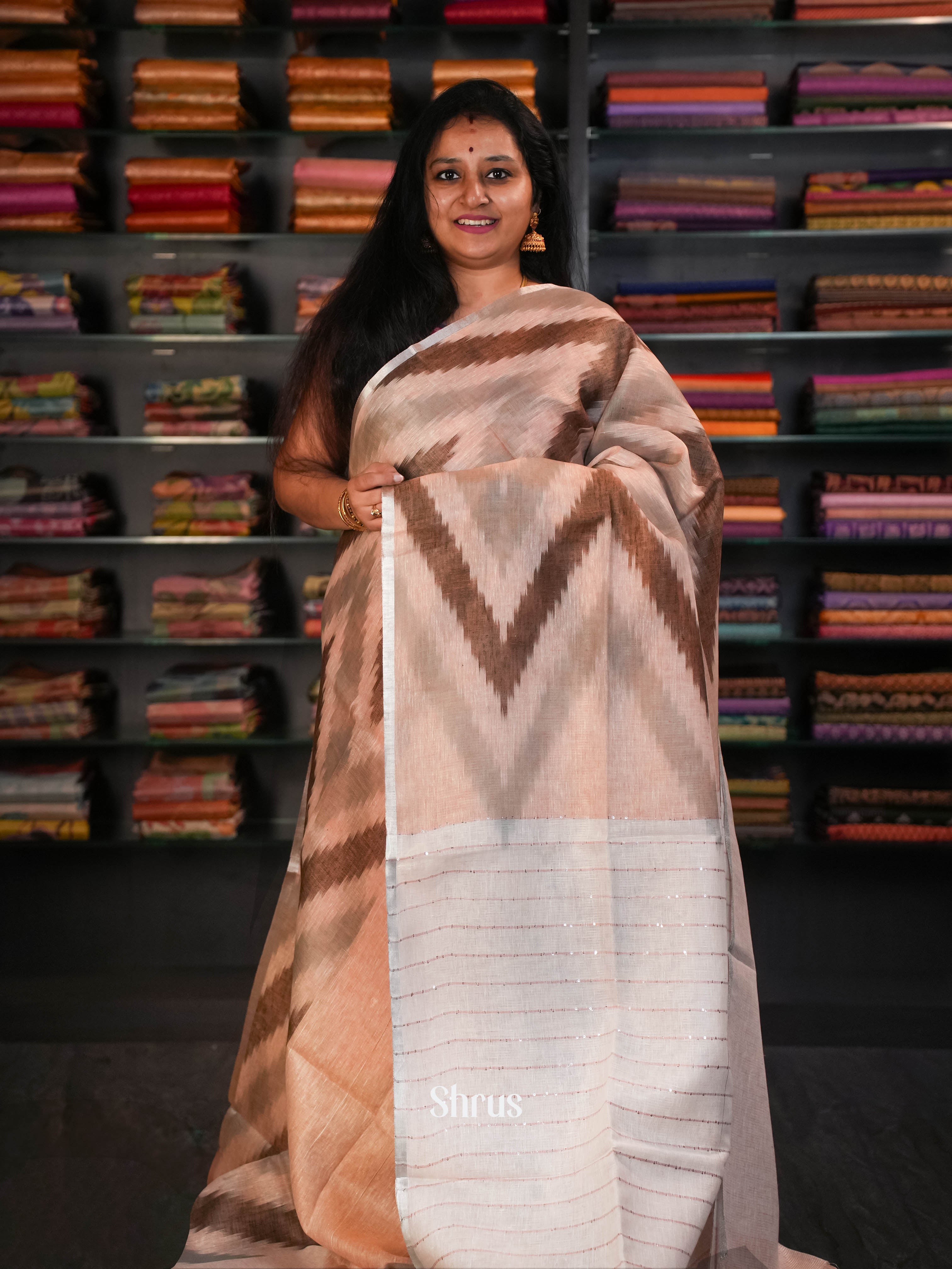 White & Peach  - Linen Saree Saree