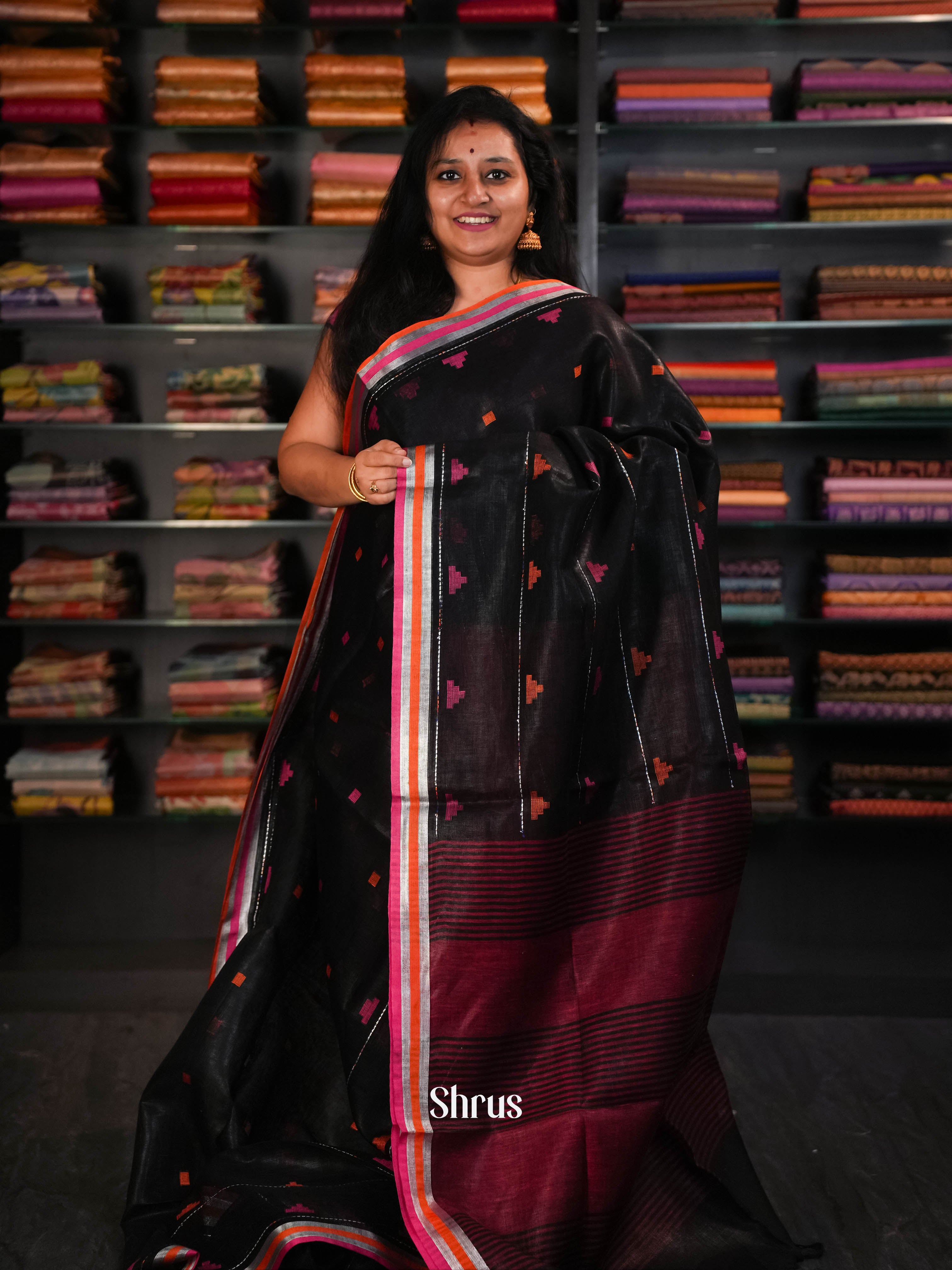 Black & Pink  - Linen Saree Saree