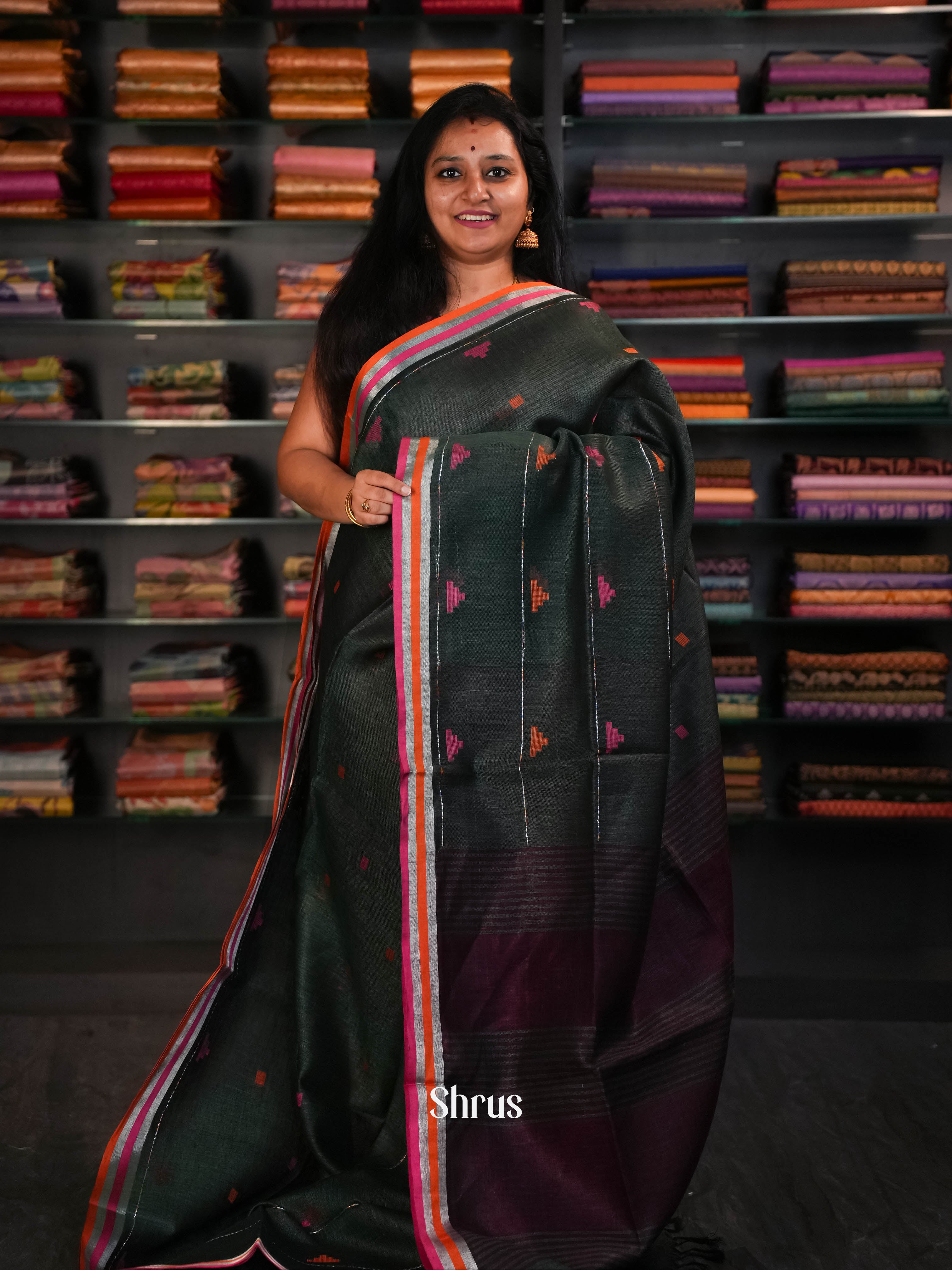 Dark Green  - Linen Saree Saree