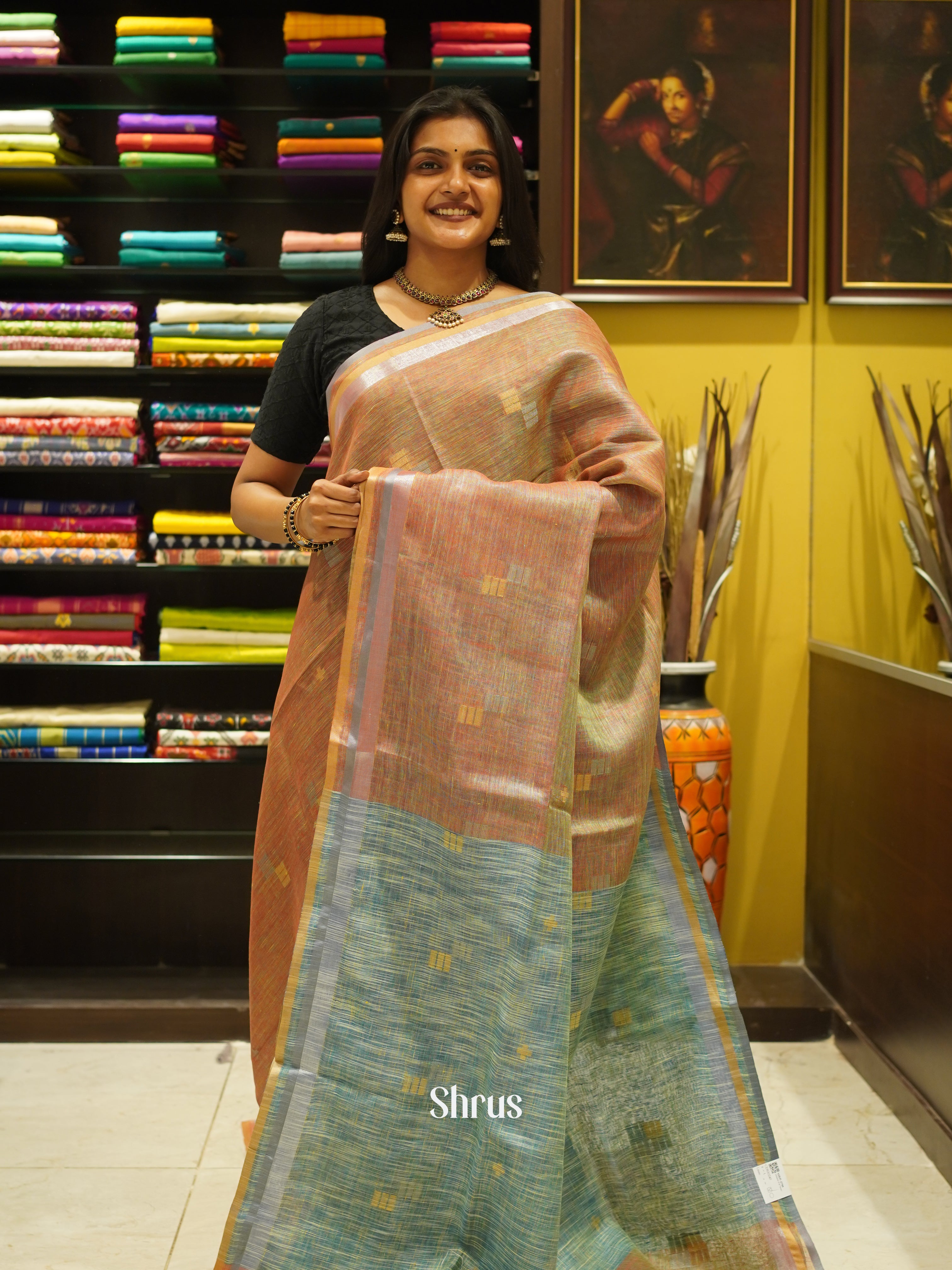 Brown & Green - Linen Saree - Shop on ShrusEternity.com