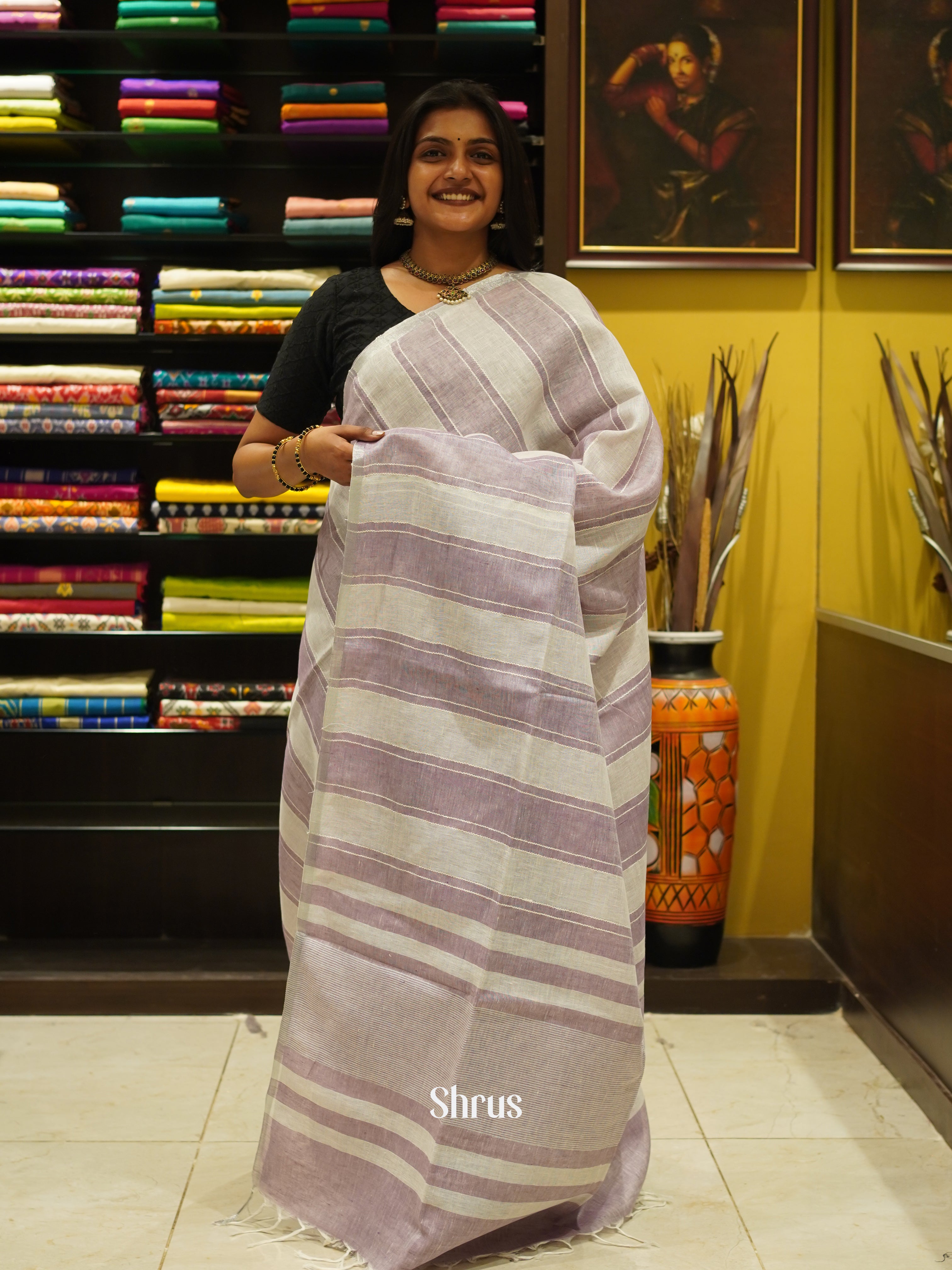 Cream & Purple - Linen Saree