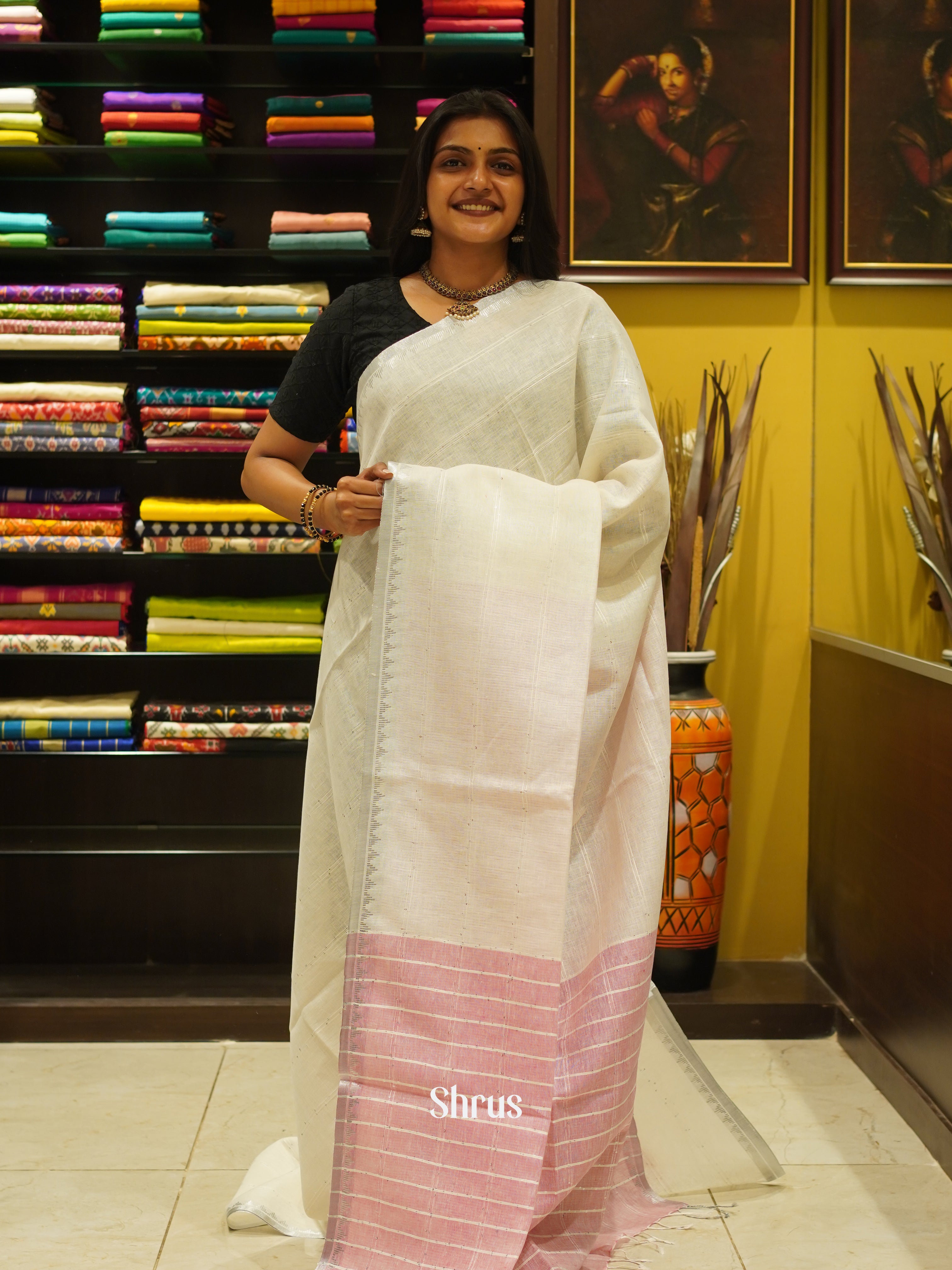 Cream & Pink - Linen Saree