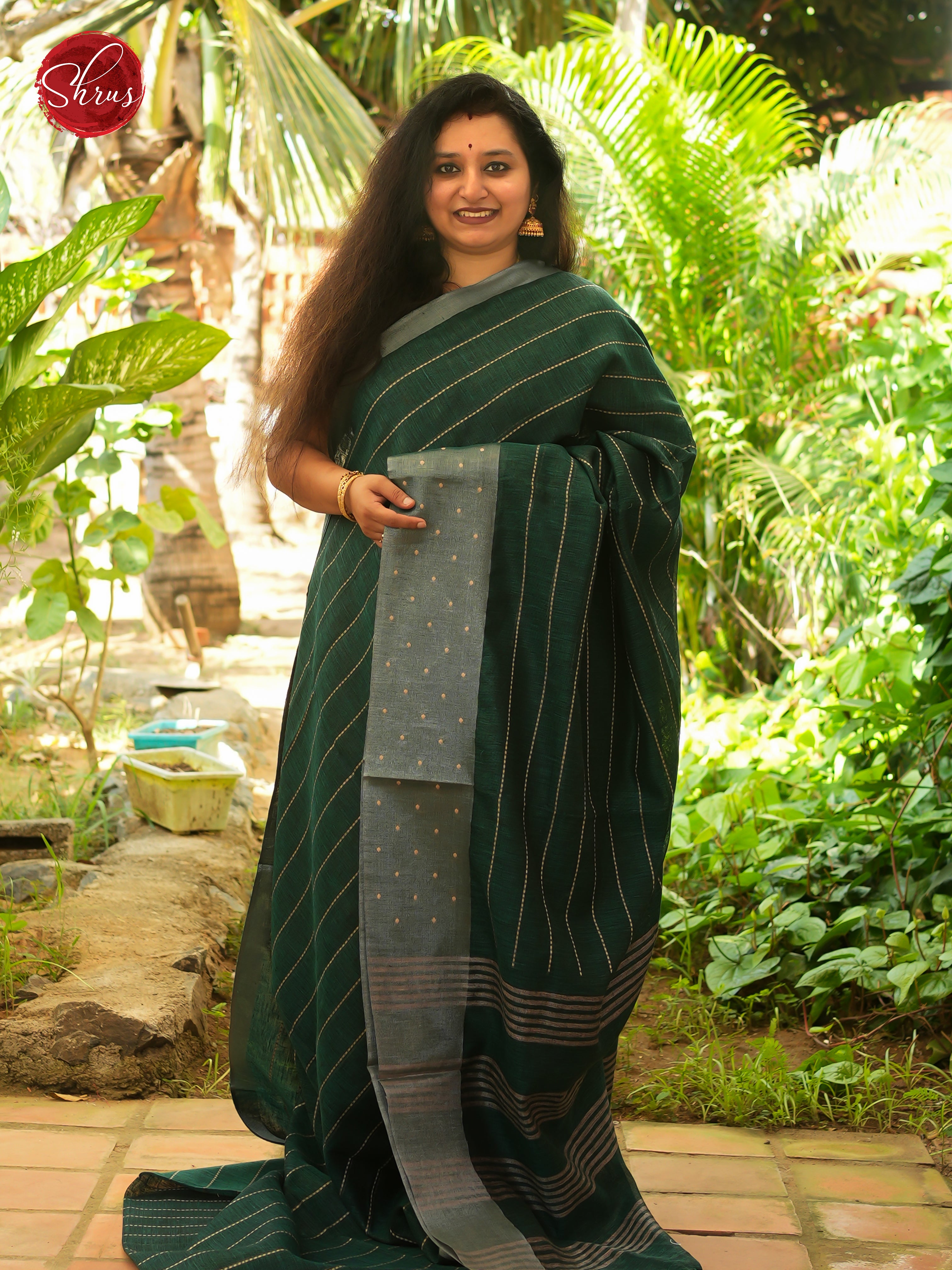 Green & Grey - Linen Saree Saree - Shop on ShrusEternity.com