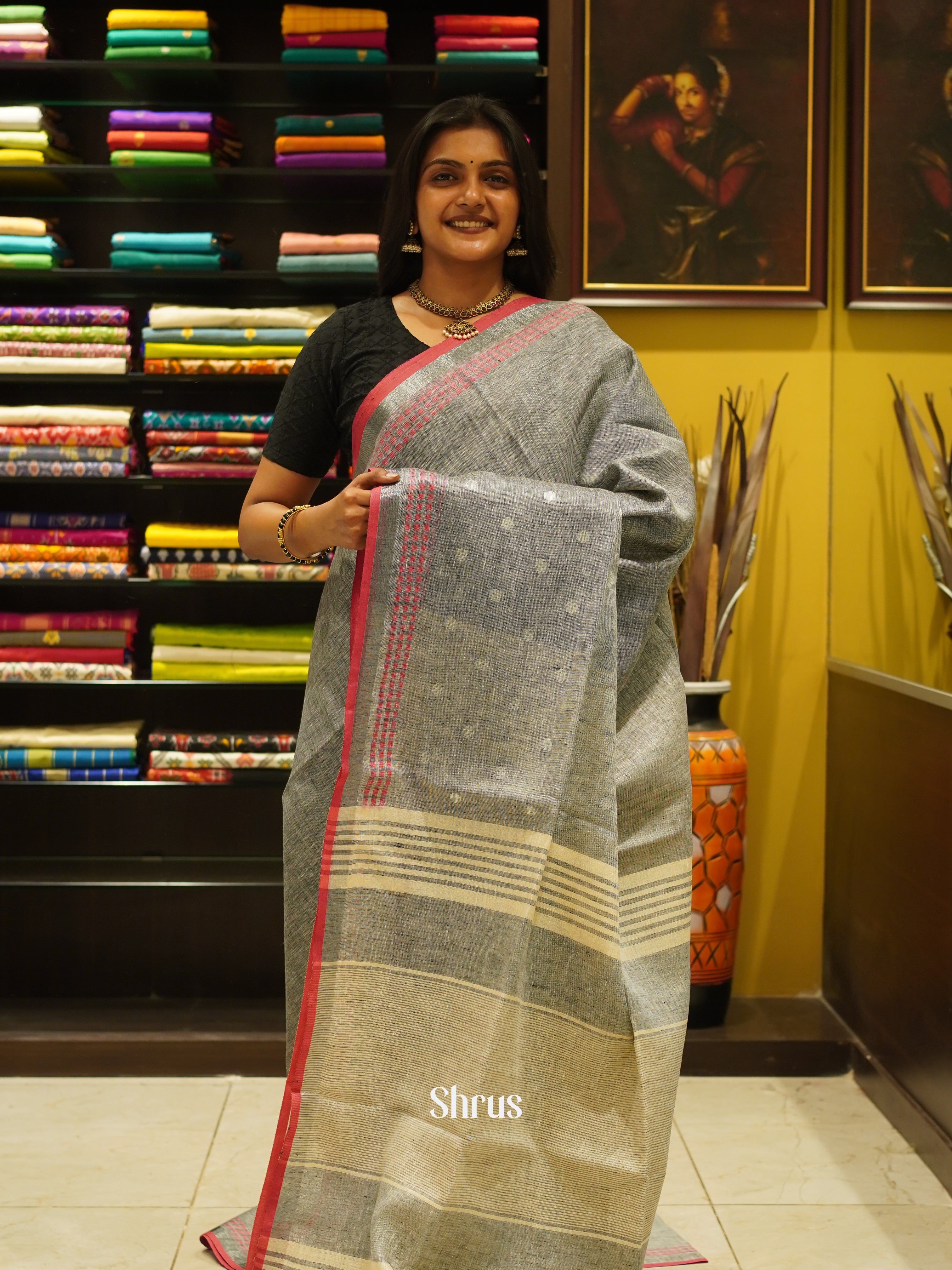 Grey & Cream - Linen Saree