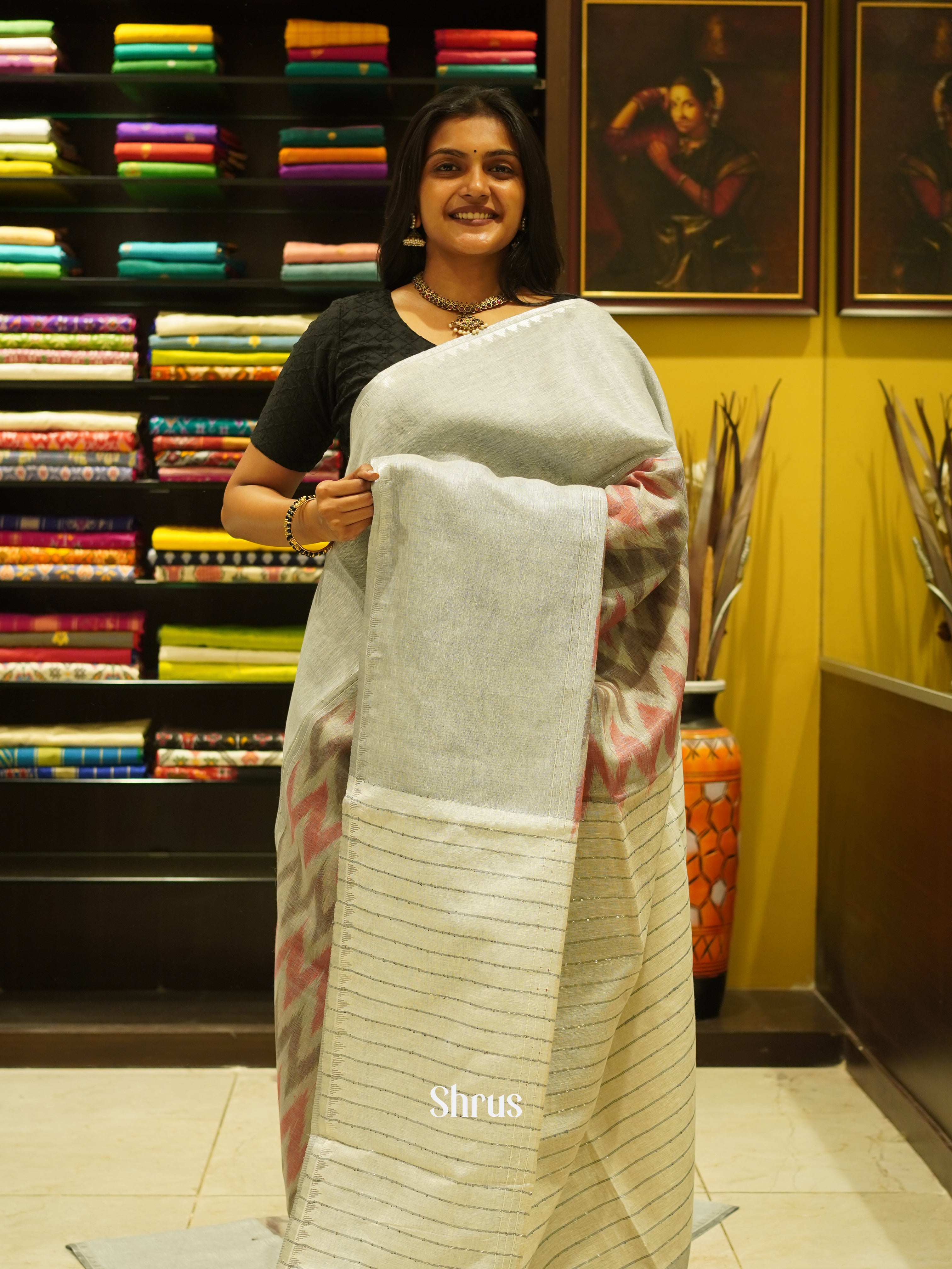 Grey & Cream - Linen Saree