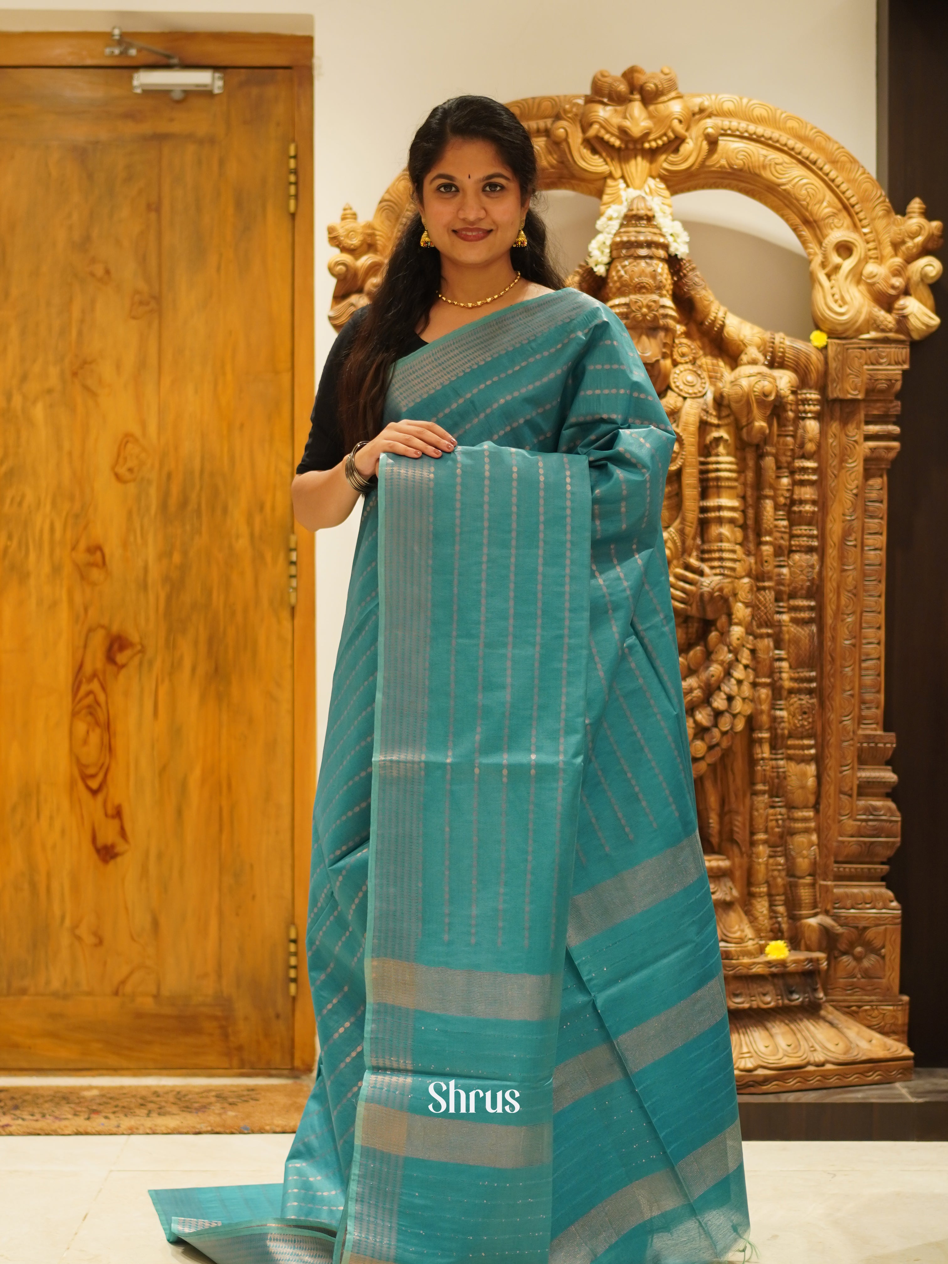 Teal Green (Single Tone) - Semi Tussar Saree - Shop on ShrusEternity.com