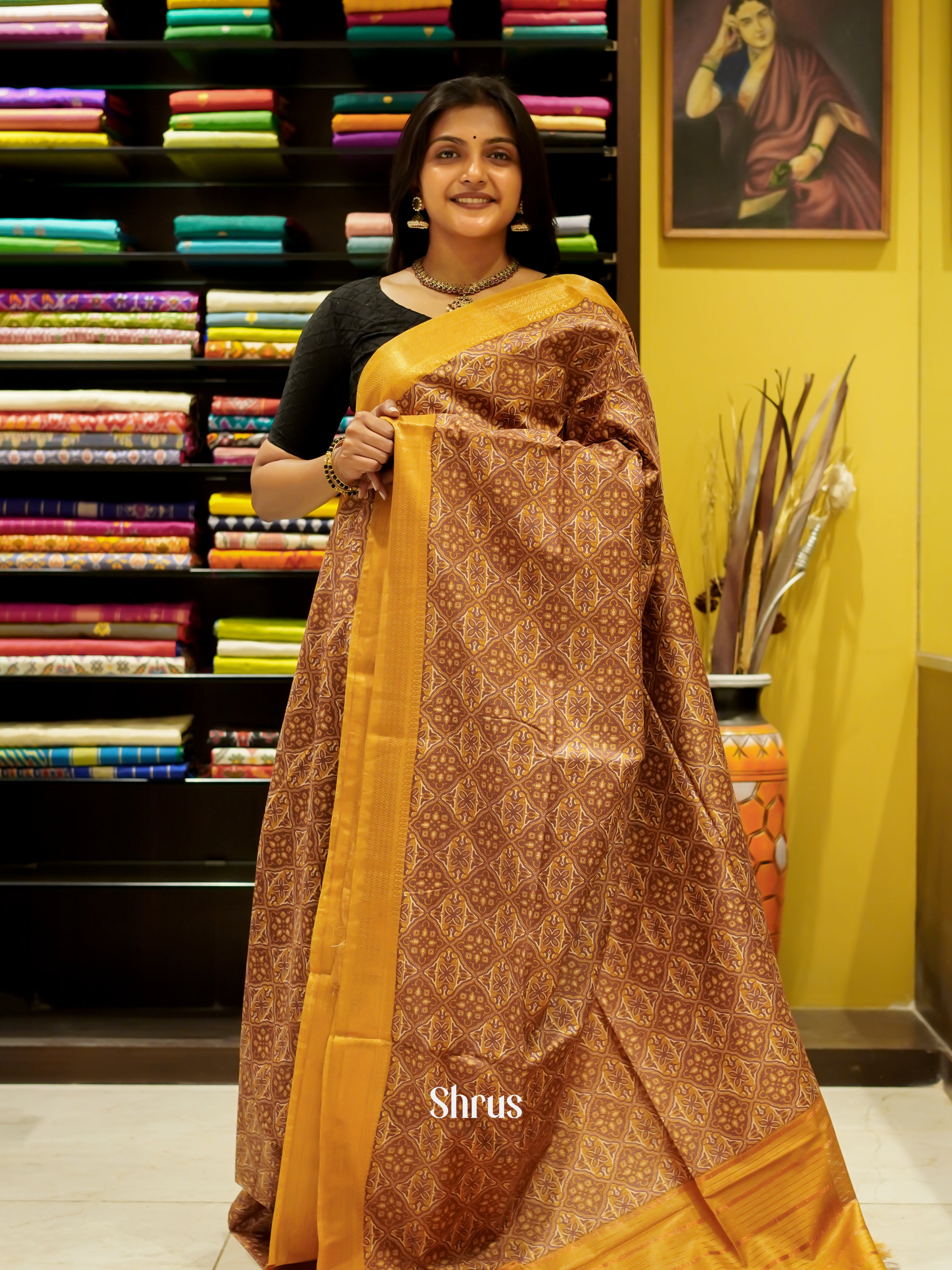 Dusty Brown & Mustard- Semi Tussar Saree - Shop on ShrusEternity.com