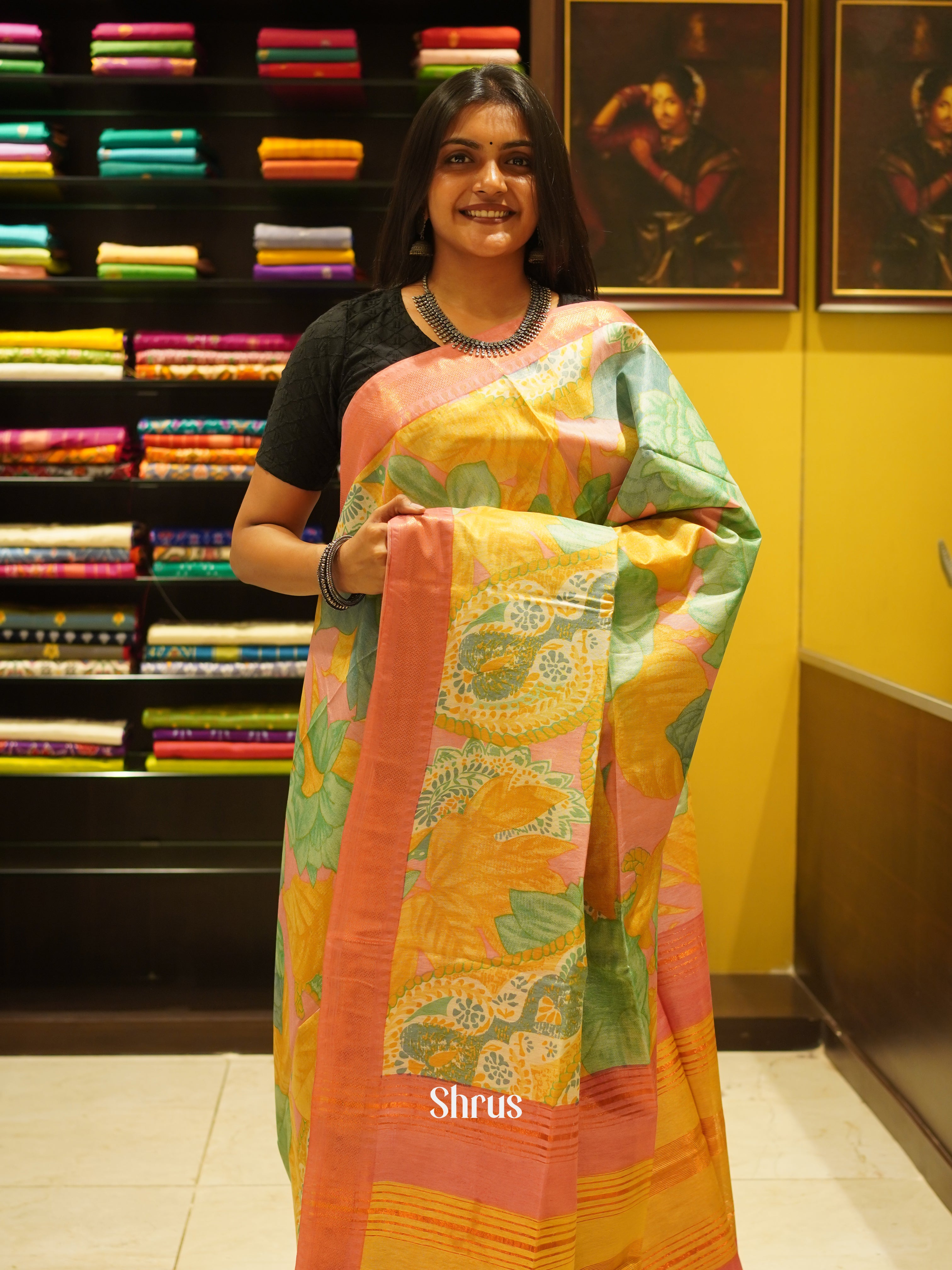 Orange & Green - Semi Tussar Saree