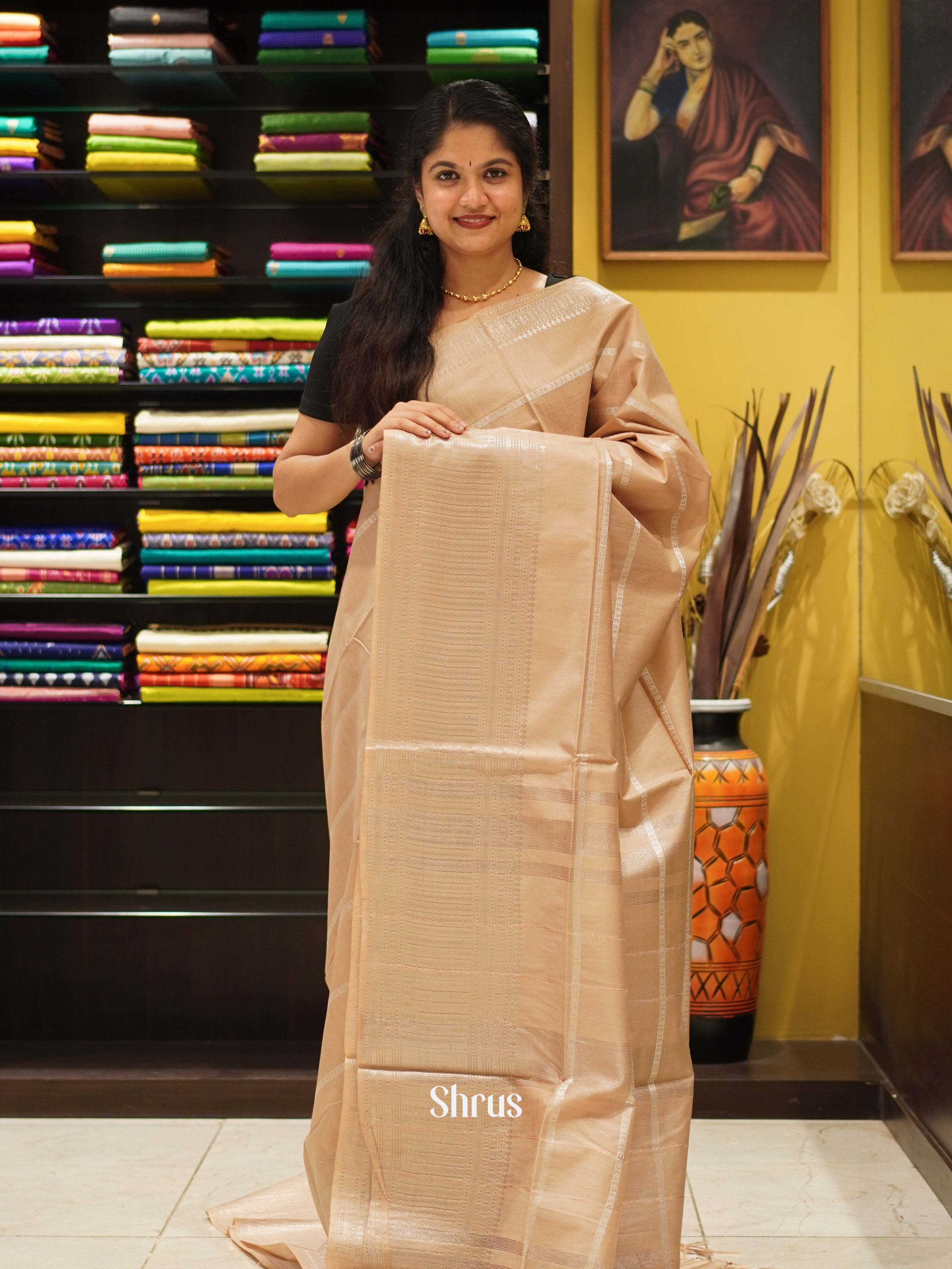 Beige(Single Tone) - Semi Tussar Saree - Shop on ShrusEternity.com