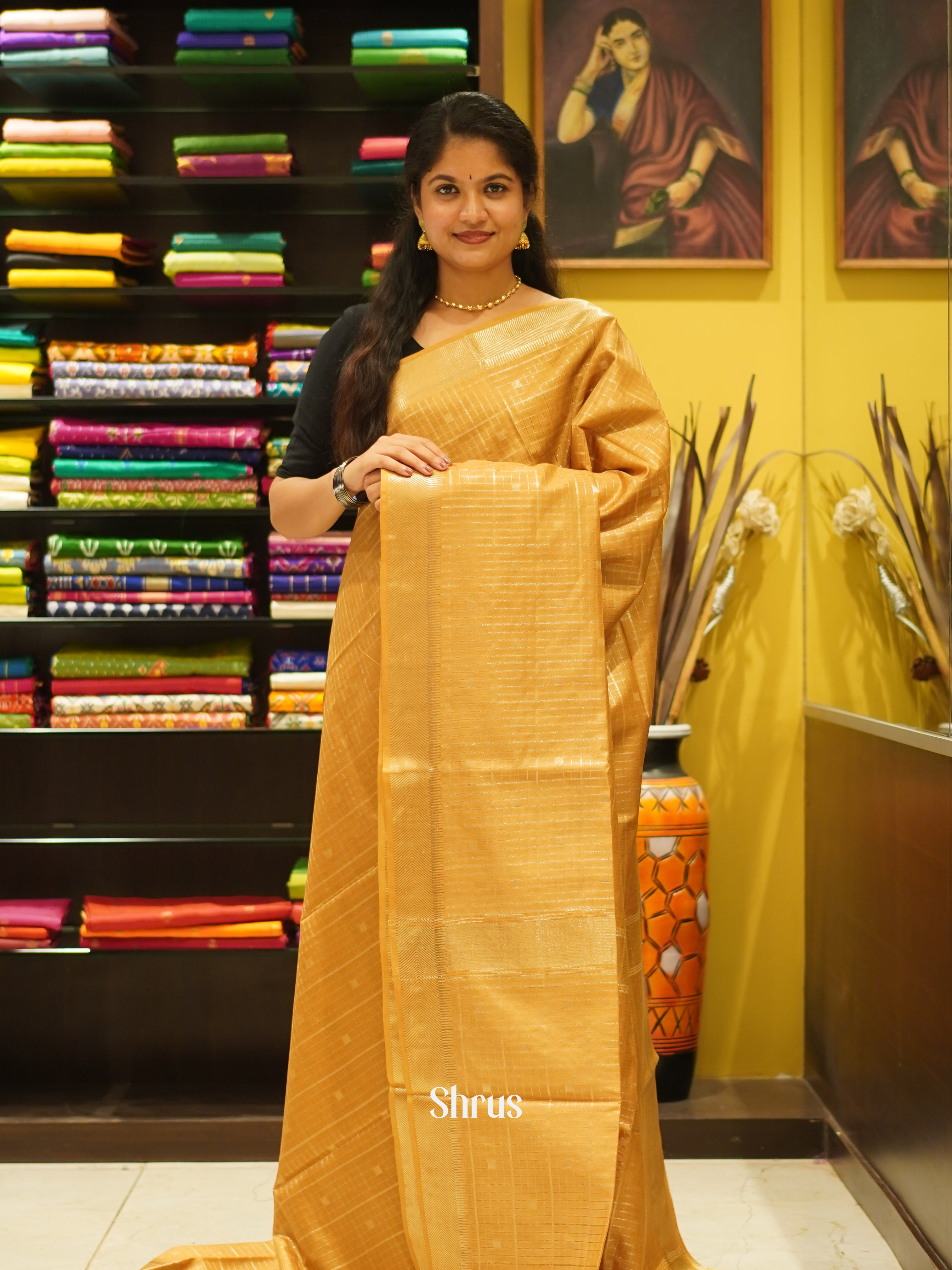 Mustard(Single Tone)- Semi Tussar Saree - Shop on ShrusEternity.com