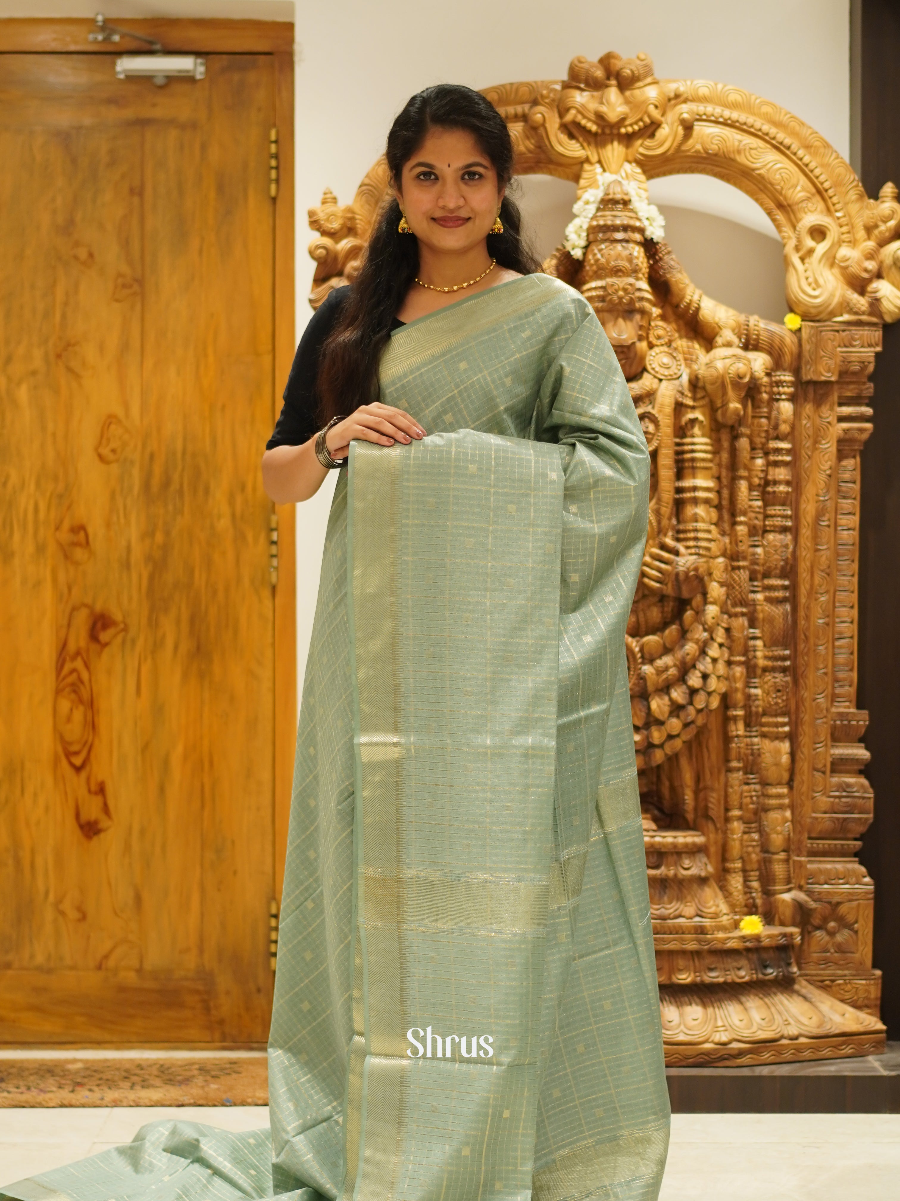 Greenish Grey(single Tone)- Semi Tussar Saree - Shop on ShrusEternity.com