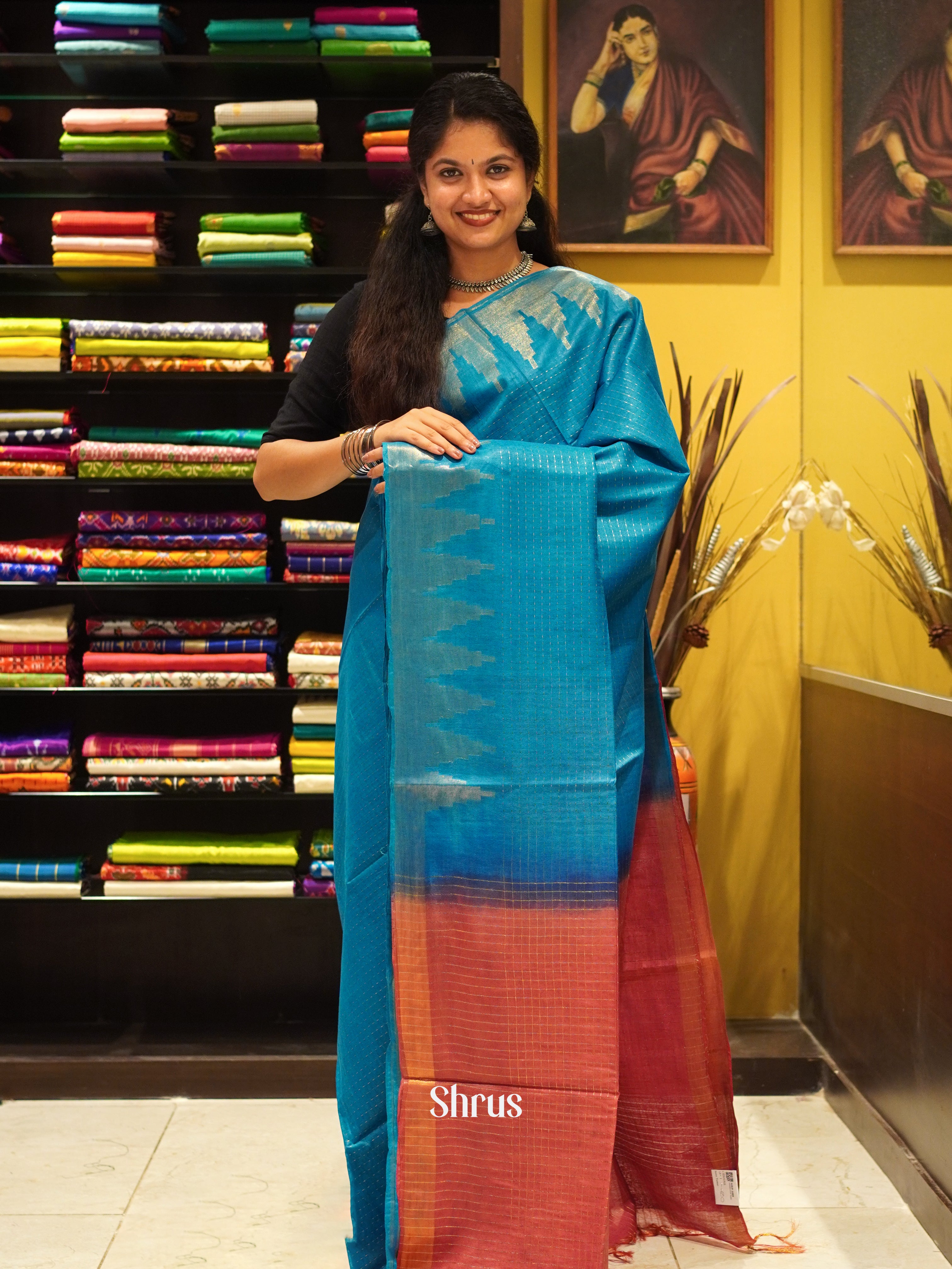 Blue & Red - Semi Tussar Saree - Shop on ShrusEternity.com