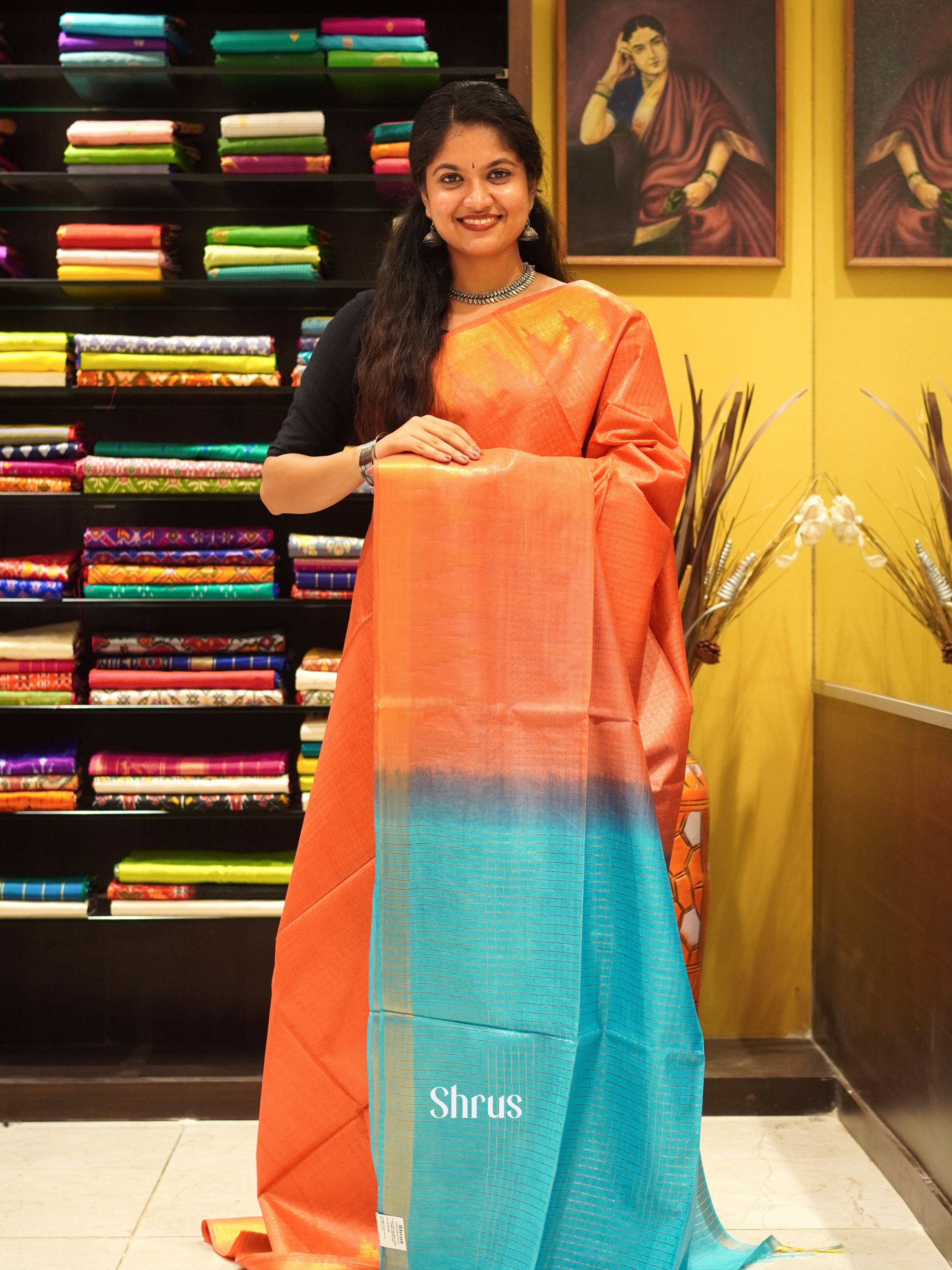 Peachish Orange & Blue - Semi Tussar Saree - Shop on ShrusEternity.com