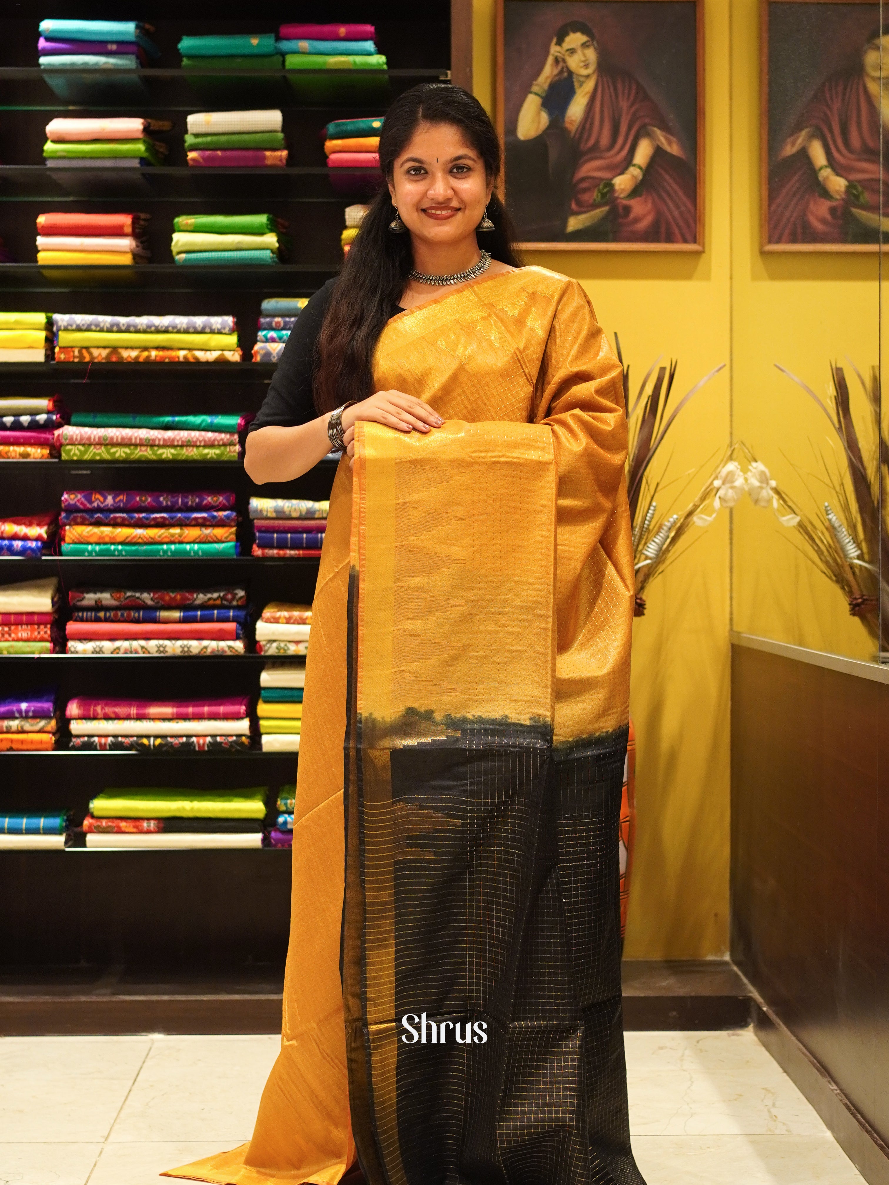 Mustard & Black - Semi Tussar Saree - Shop on ShrusEternity.com