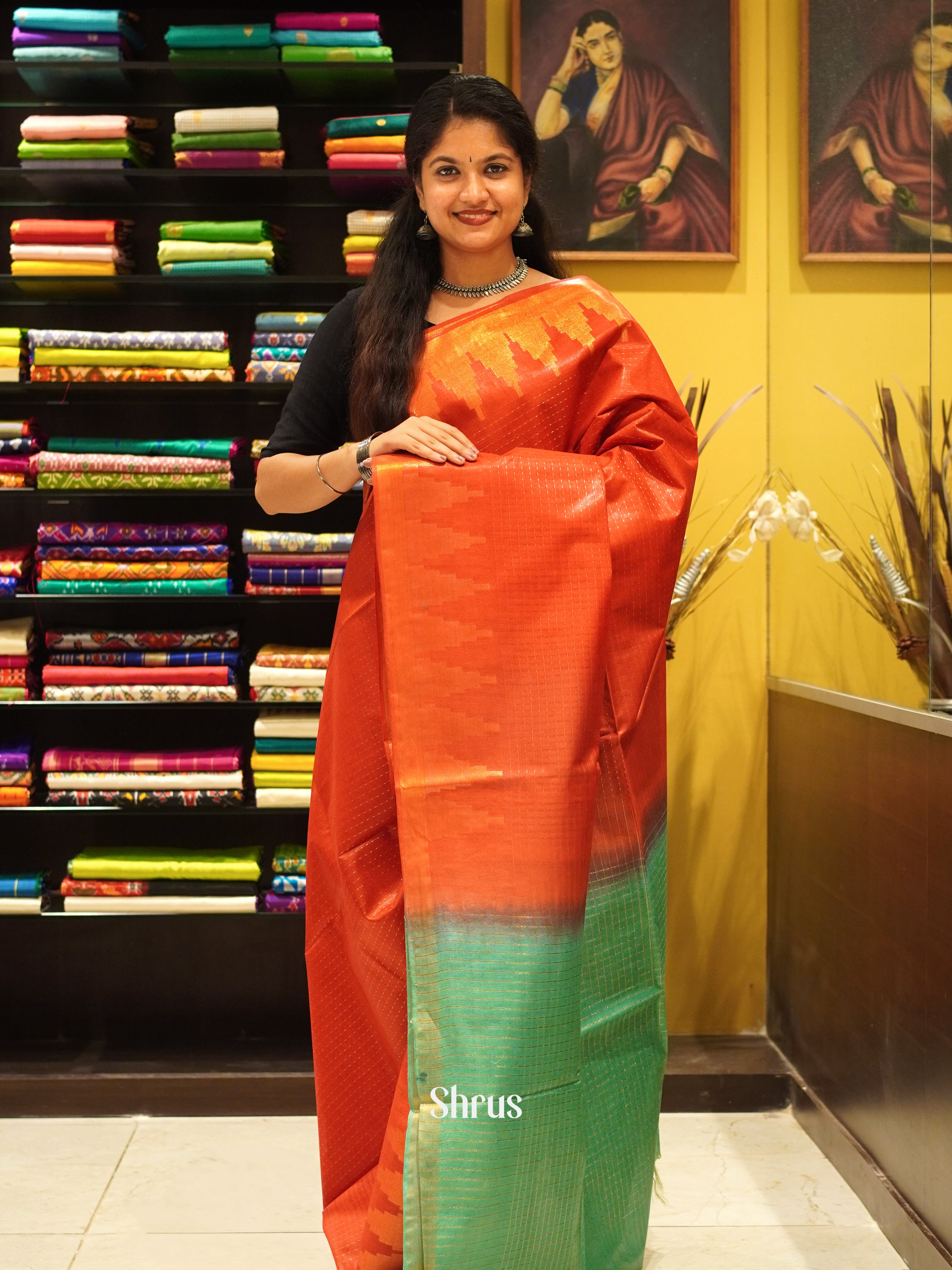 Red &Green - Semi Tussar Saree - Shop on ShrusEternity.com