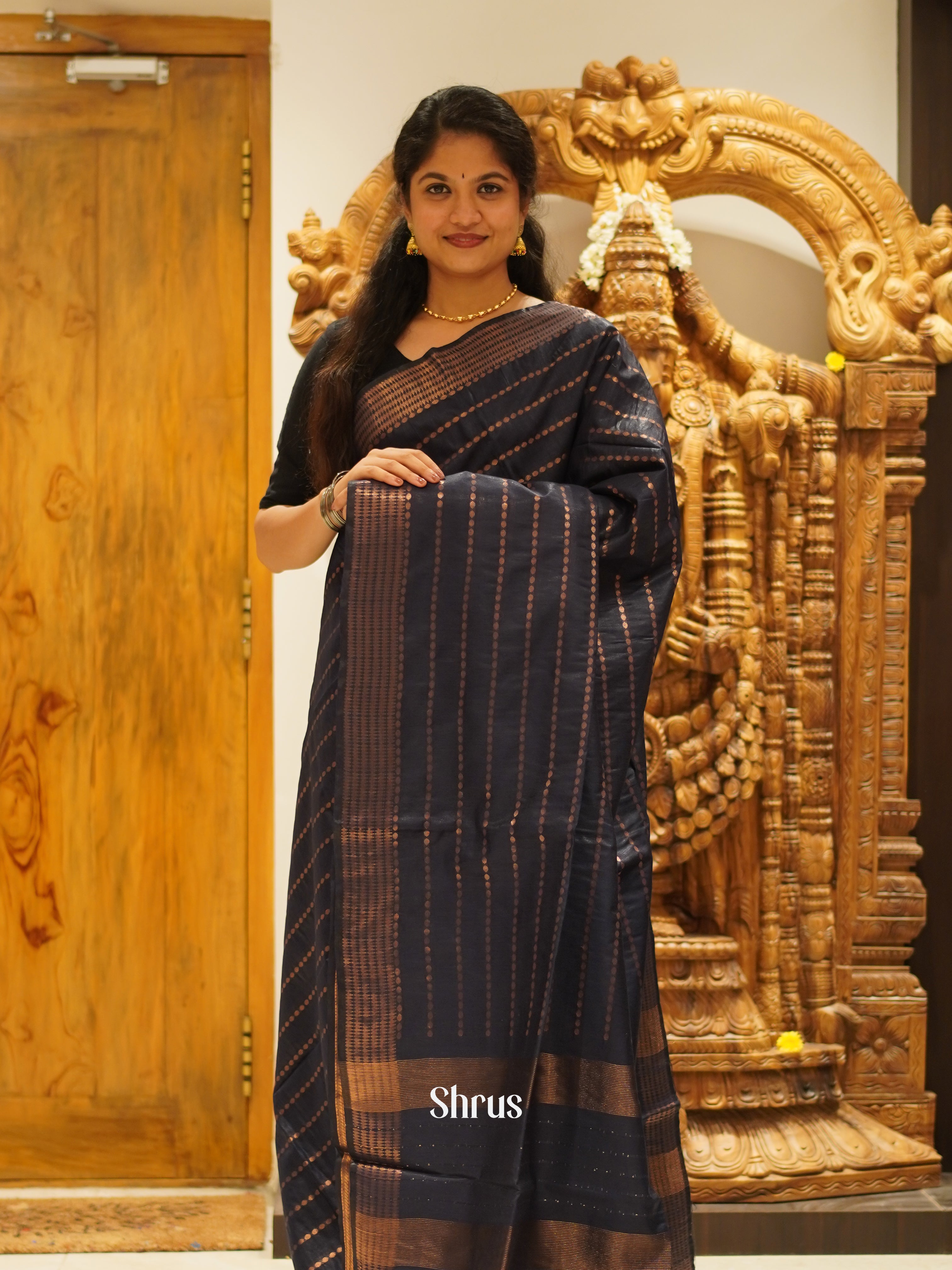 Black(Single Tone)- Semi Tussar Saree - Shop on ShrusEternity.com