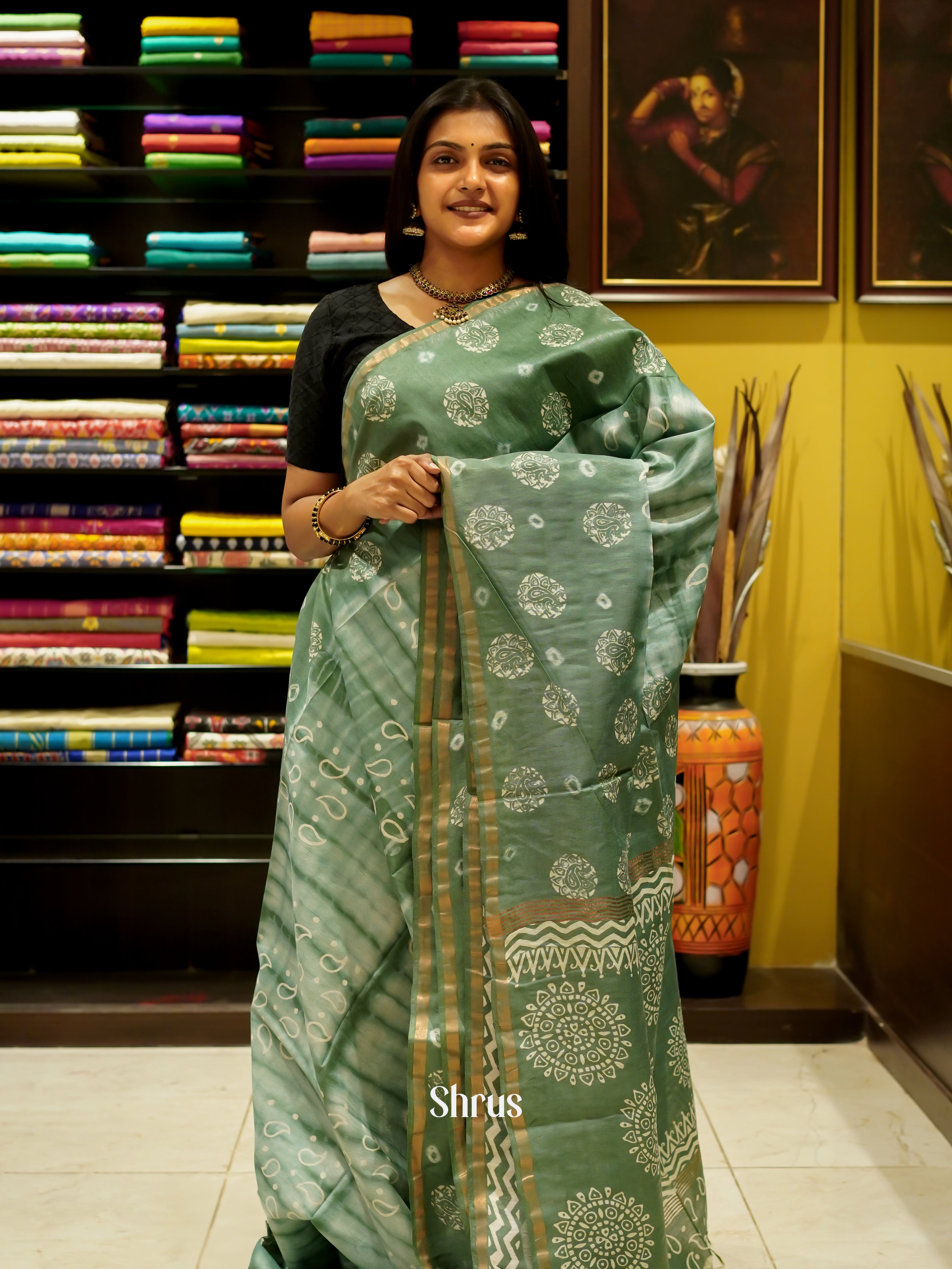 Cream & Green- Bhatik Saree - Shop on ShrusEternity.com