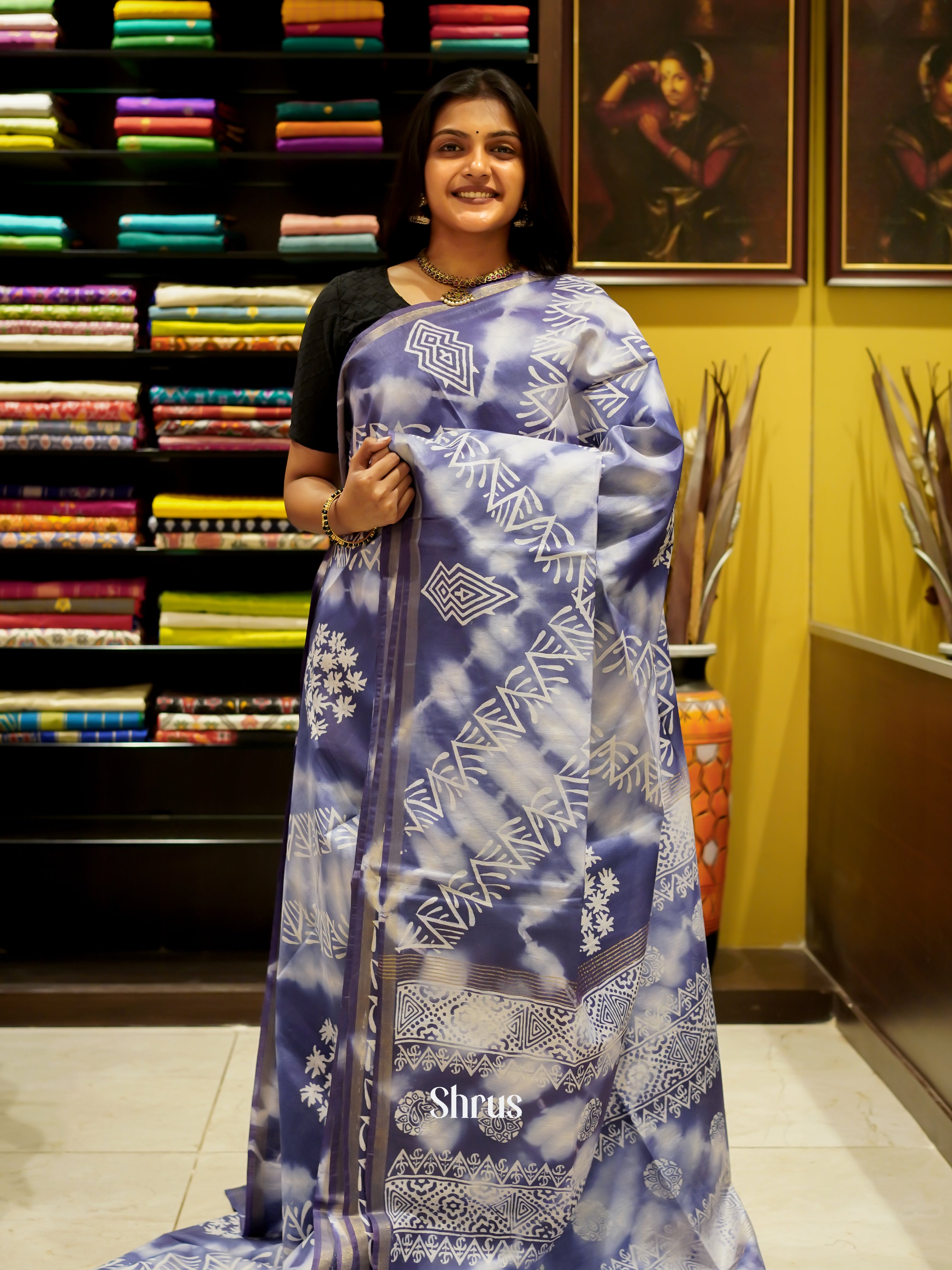 Cream & Blue - Bhatik Saree - Shop on ShrusEternity.com