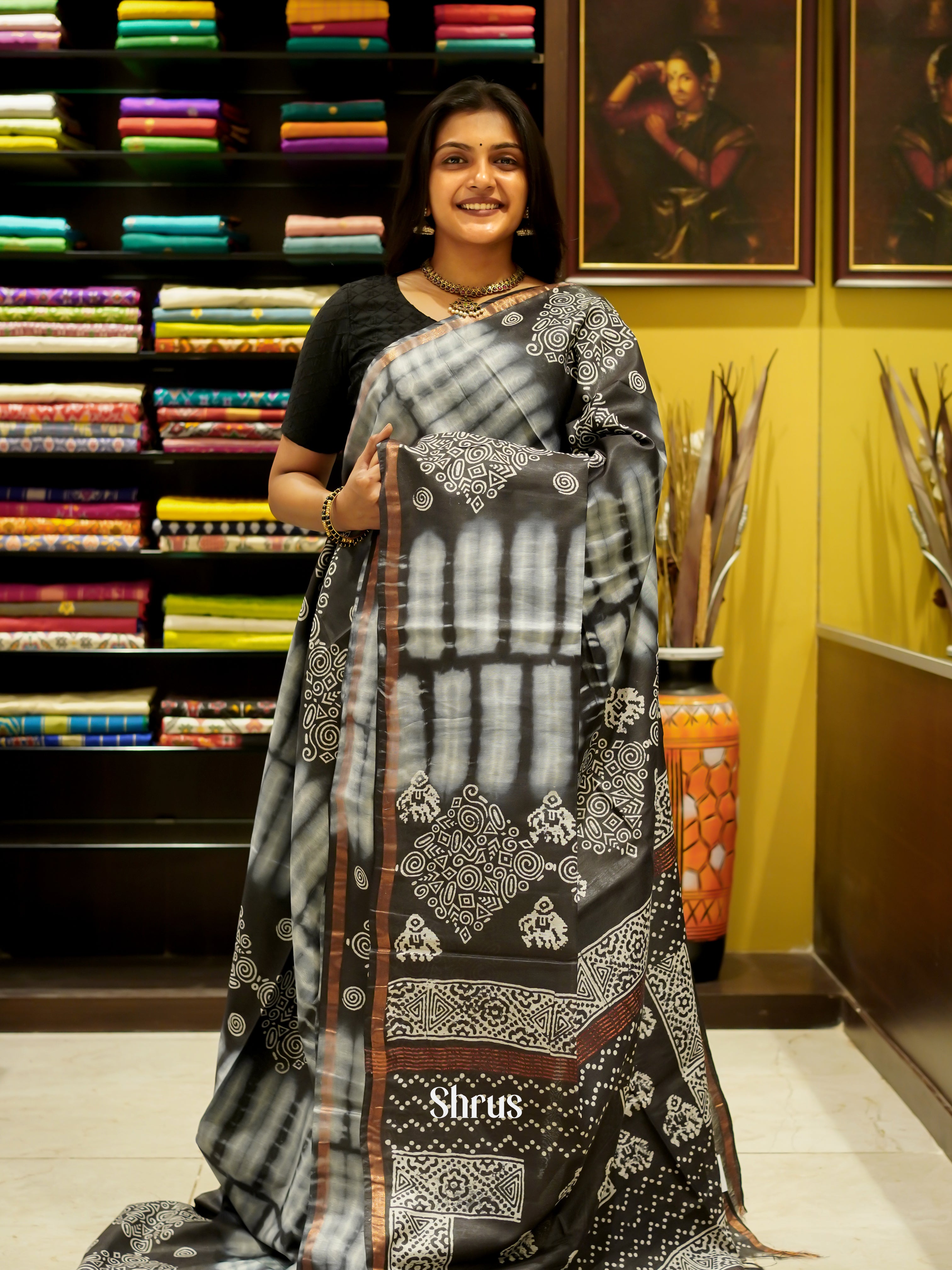 Cream & Black - Bhatik Saree - Shop on ShrusEternity.com